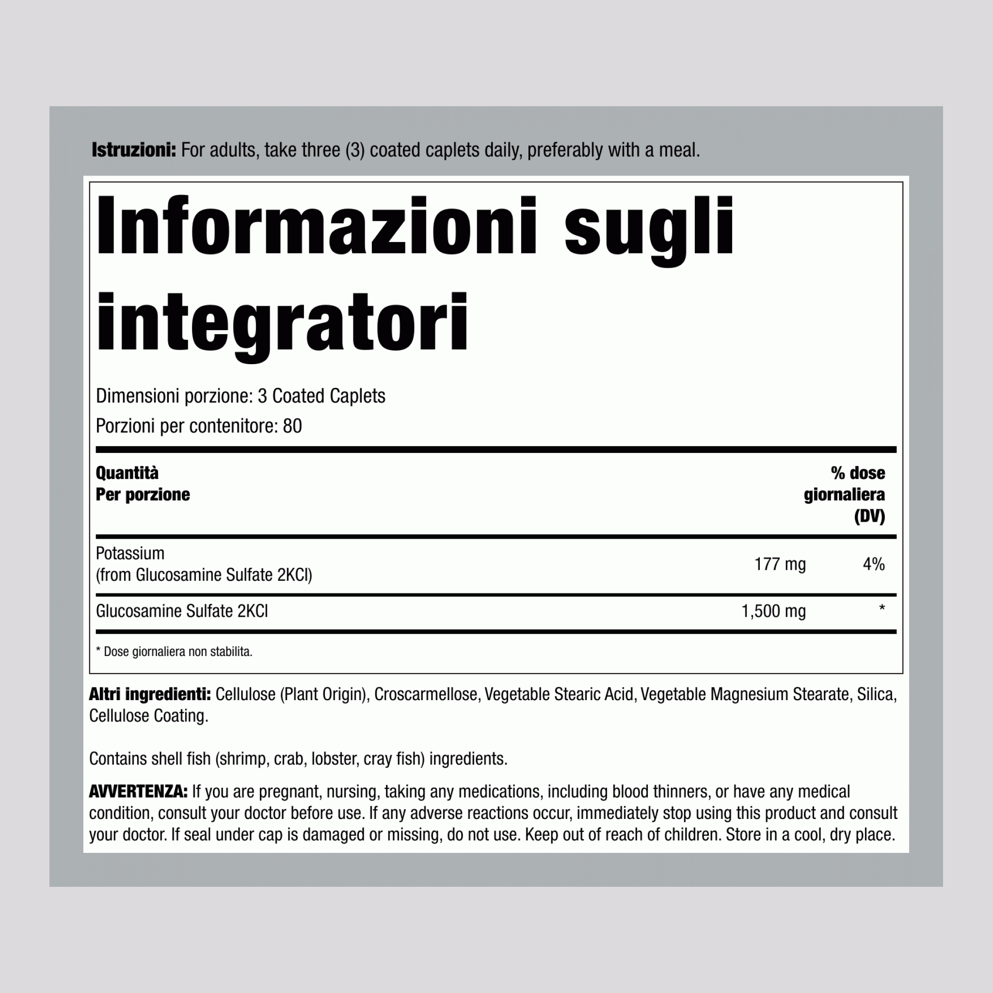 Solfato di Glucosamina con Potassio, 1500 mg (per porzione), 240 Compresse Rivestite