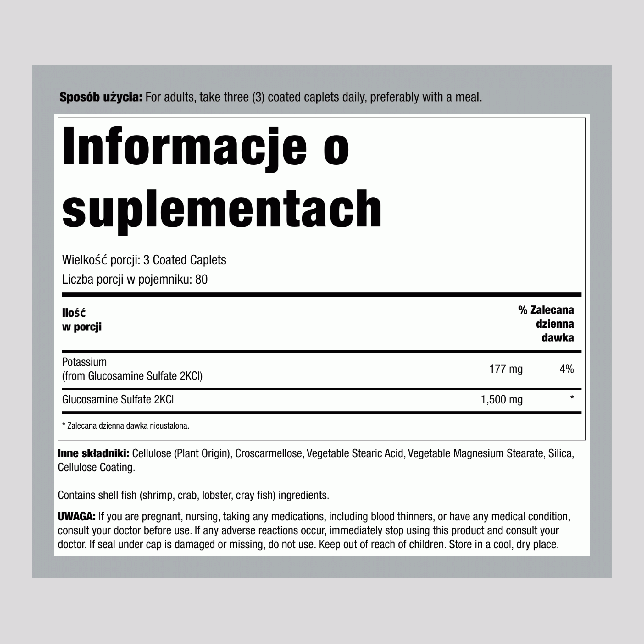 Siarczan glukozaminy z potasem, 1500 mg (na porcję), 240 powlekanych tabletek