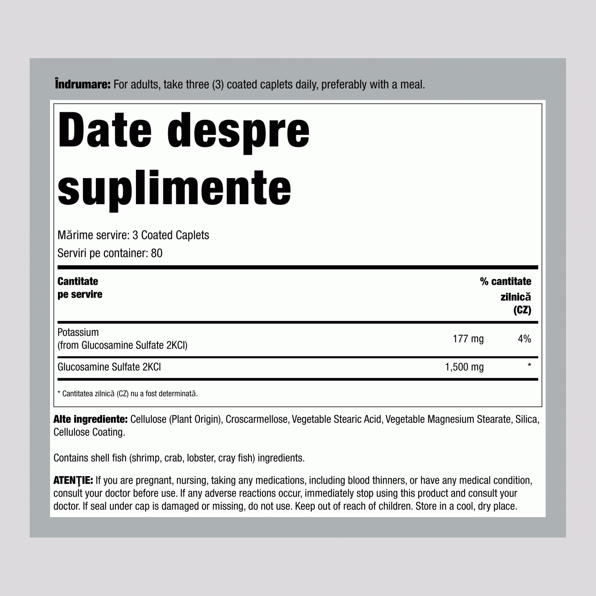 Sulfat de Glucozamină cu Potasiu, 1500 mg (per porție), 240 Tablete Filmate