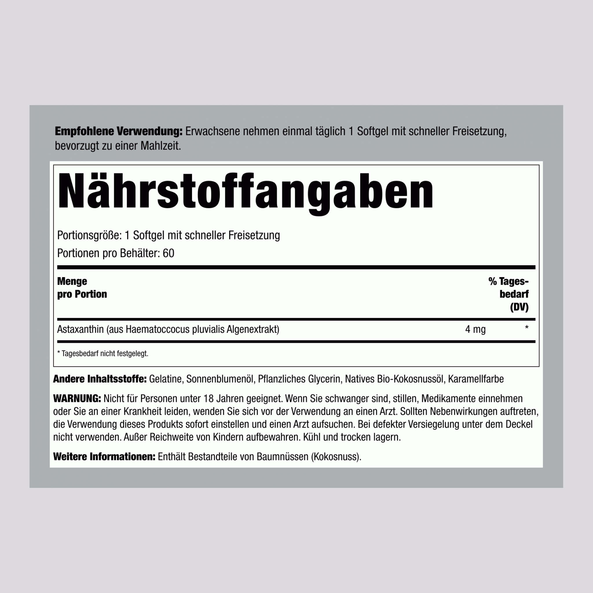 Astaxanthin mit Kokosöl, 4 mg, 150 Weichkapseln
