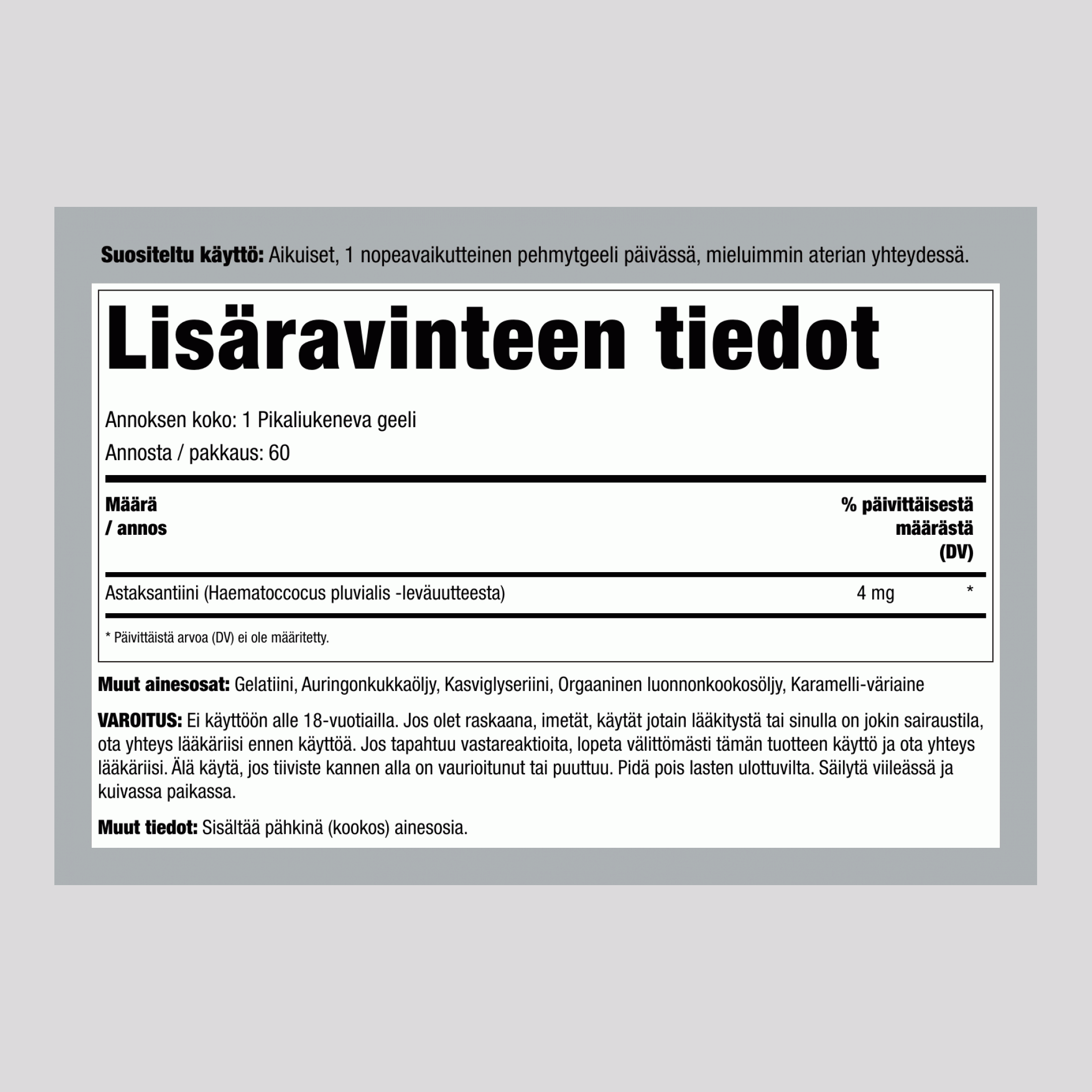 Astaksantiini kookosöljyllä, 4 mg, 150 pehmeää geeliä