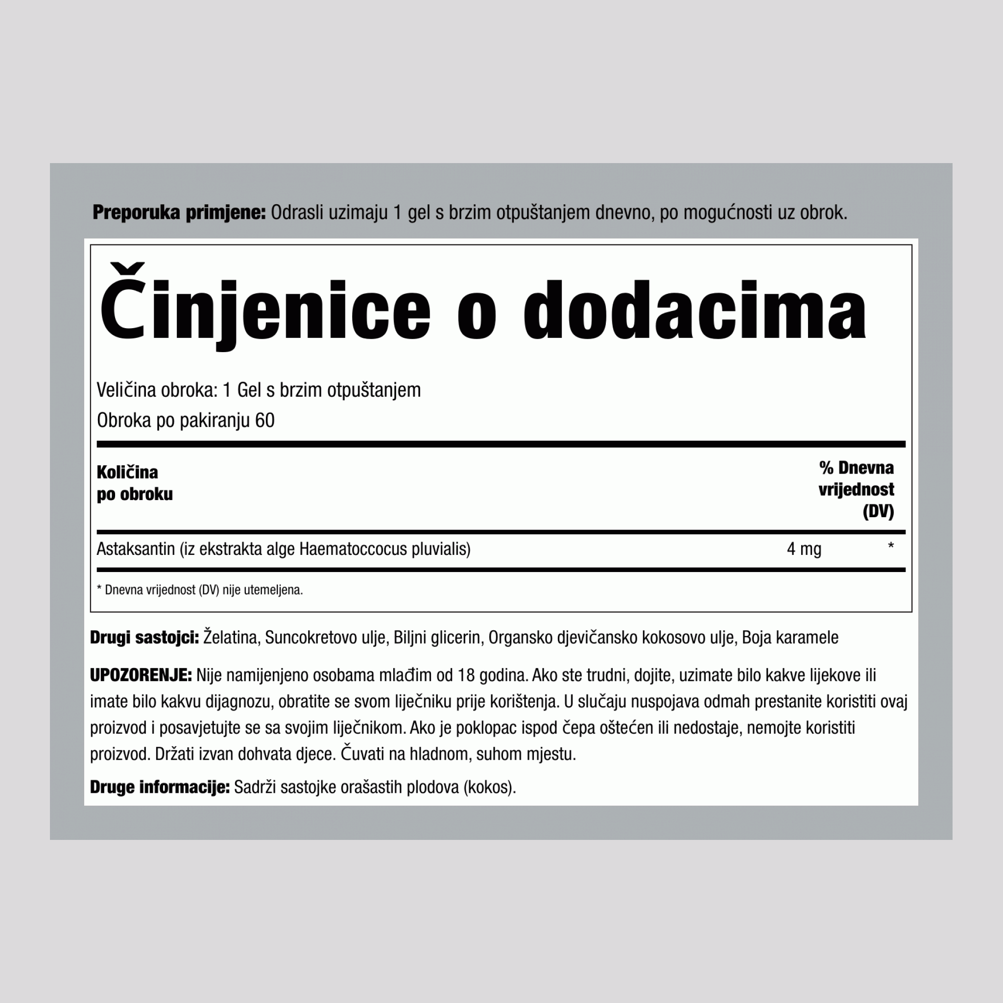 Astaksantin s kokosovim uljem, 4 mg, 150 mekanih kapsula