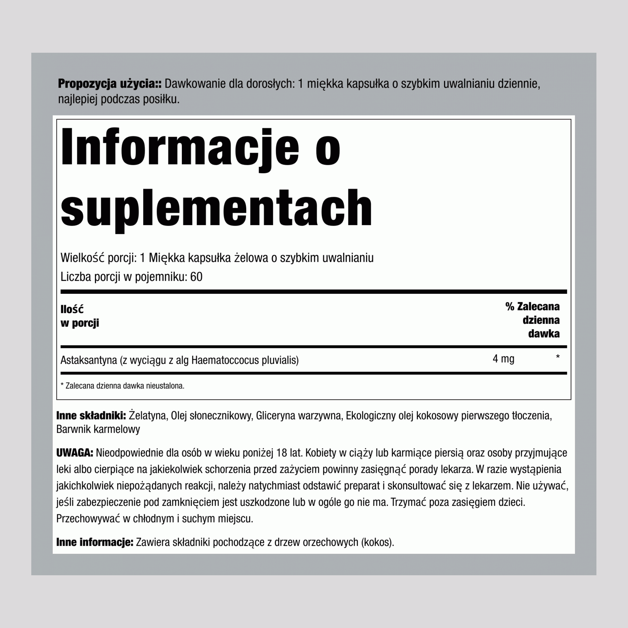 Astaksantyna z olejem kokosowym, 4 mg, 150 kapsułek