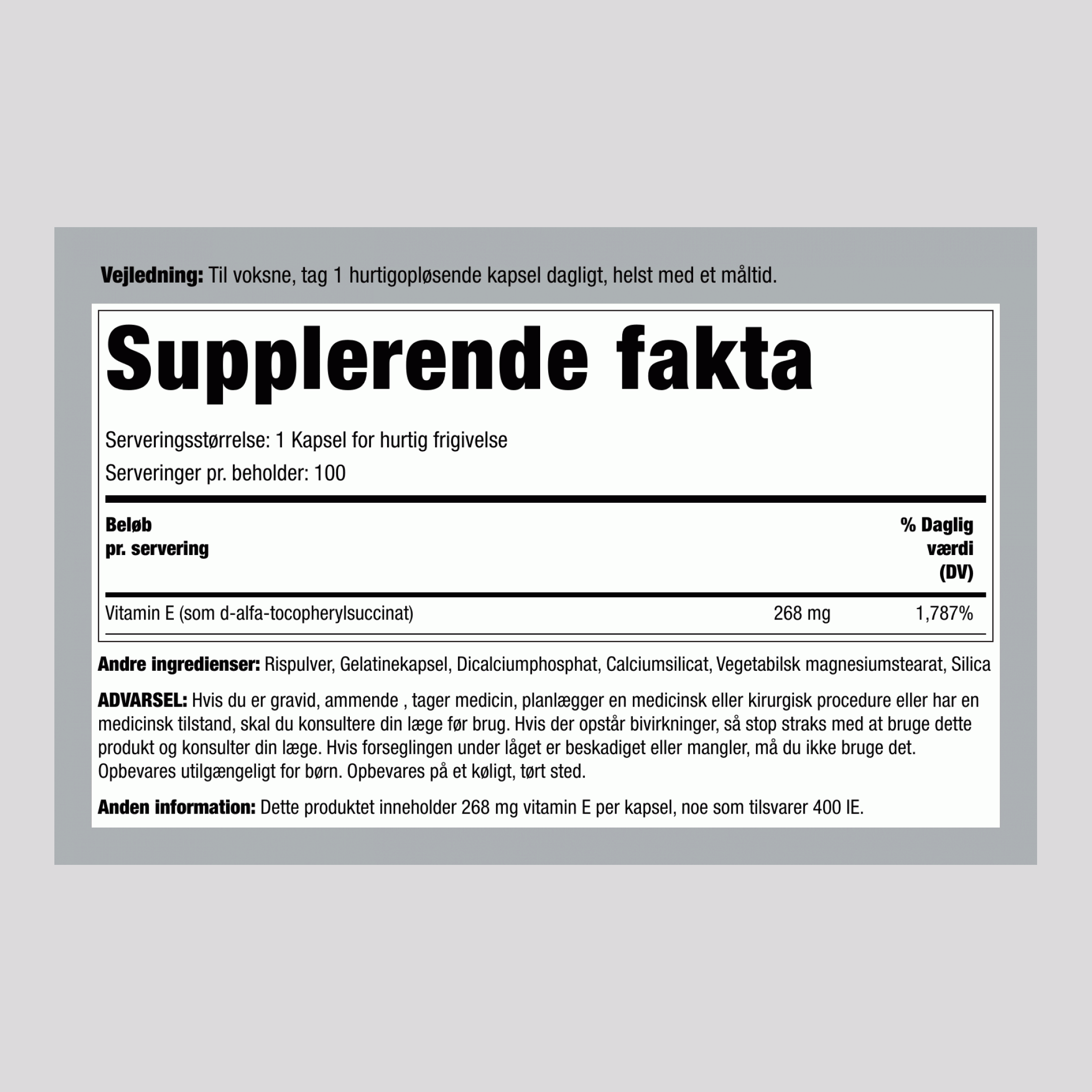 Tør Vitamin E-400 IU (d-Alpha Tocopherol), 400 IU, 120 Hurtigudløsningskapsler