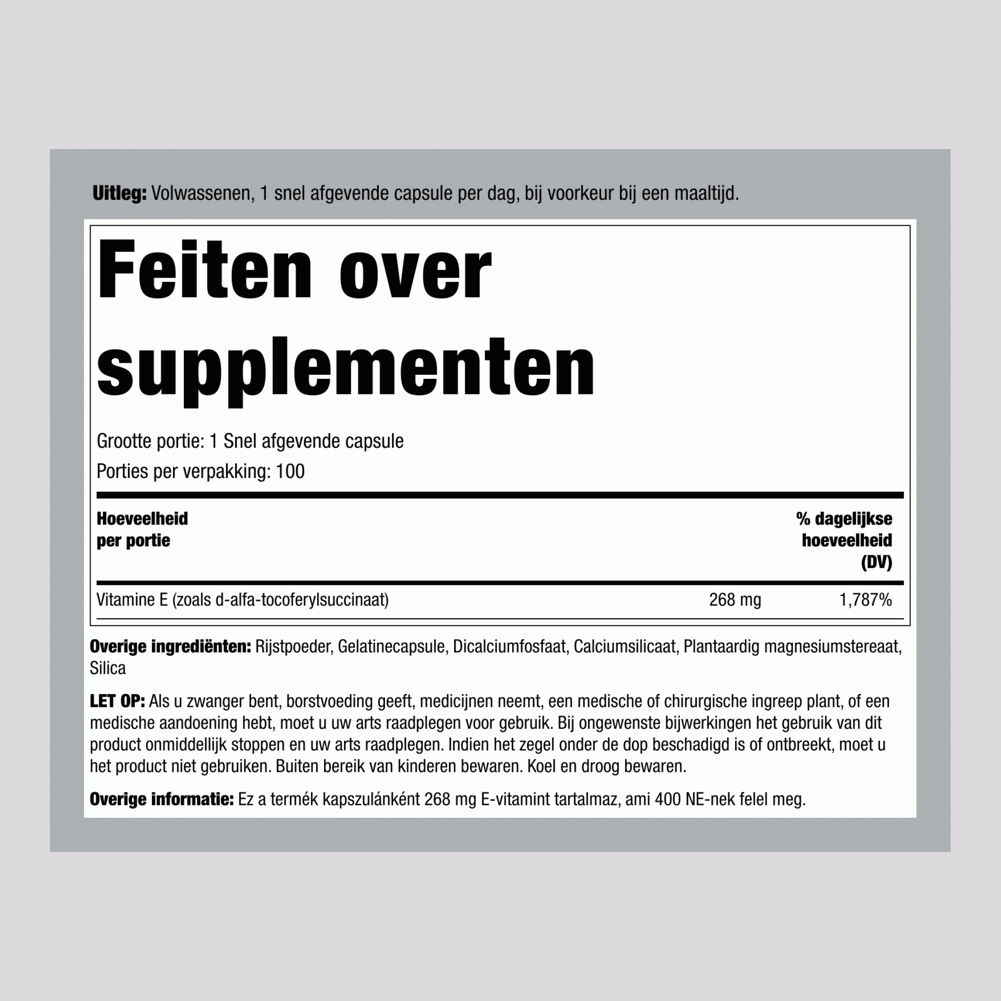 Droge Vitamine E-400 IE (d-Alfa-Tocoferol), 400 IE, 120 Capsules voor Snelle Vrijgave