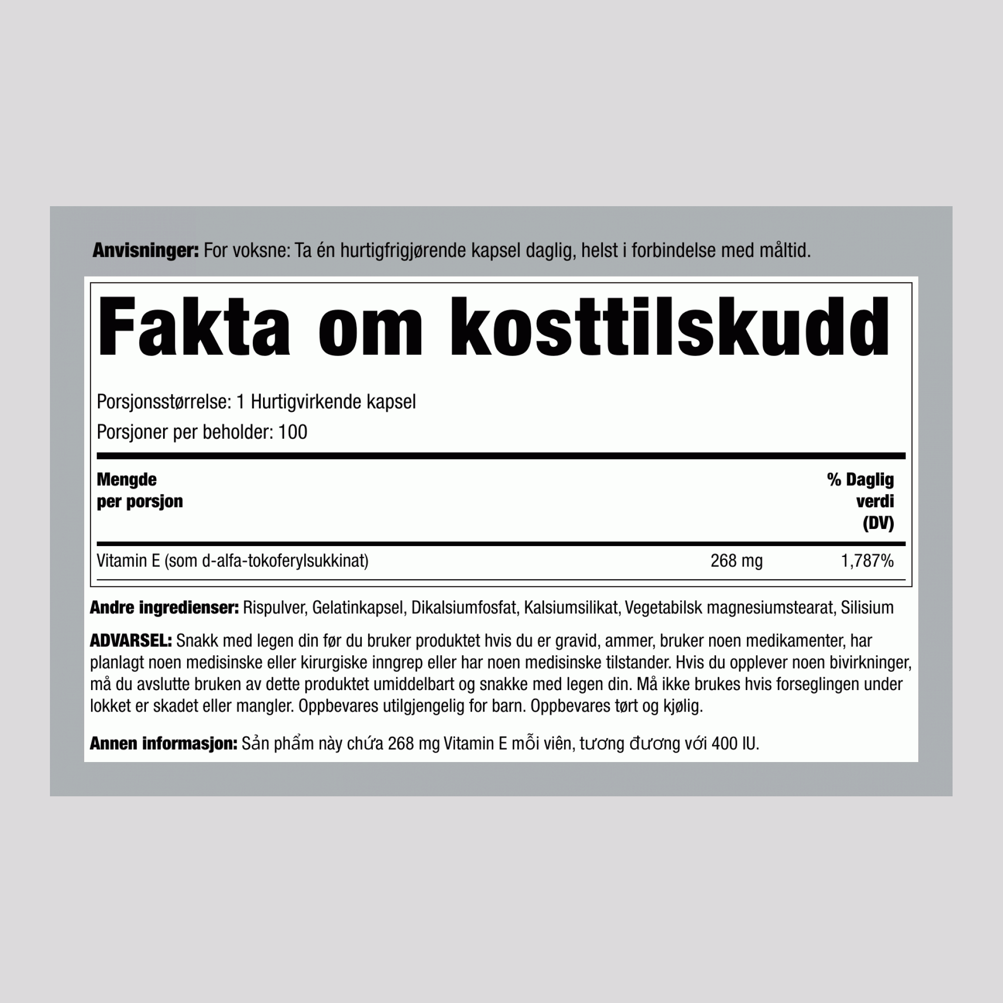 Tørr Vitamin E-400 IU (d-alfa-tokoferol), 400 IU, 120 hurtigutløsende kapsler