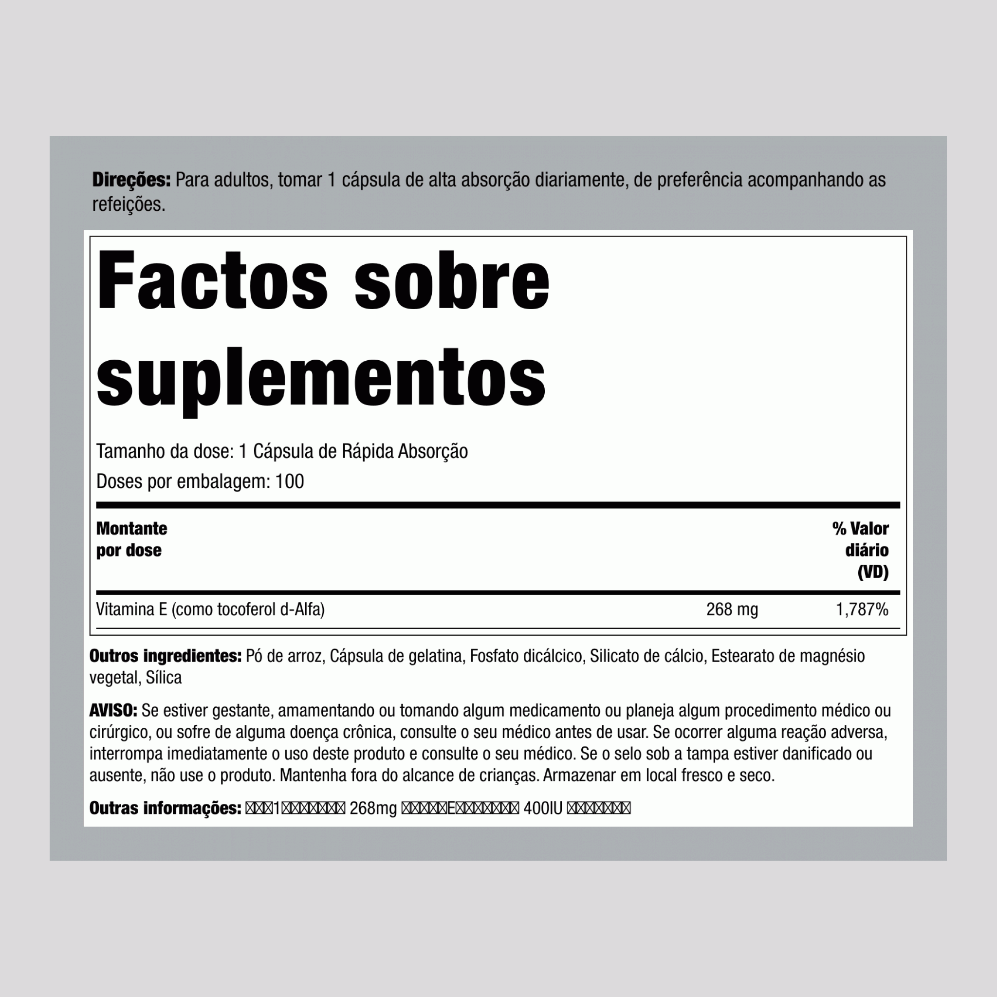 Vitamina E-400 IU Seco (d-Alfa Tocoferol), 400 IU, 120 Cápsulas de Liberação Rápida