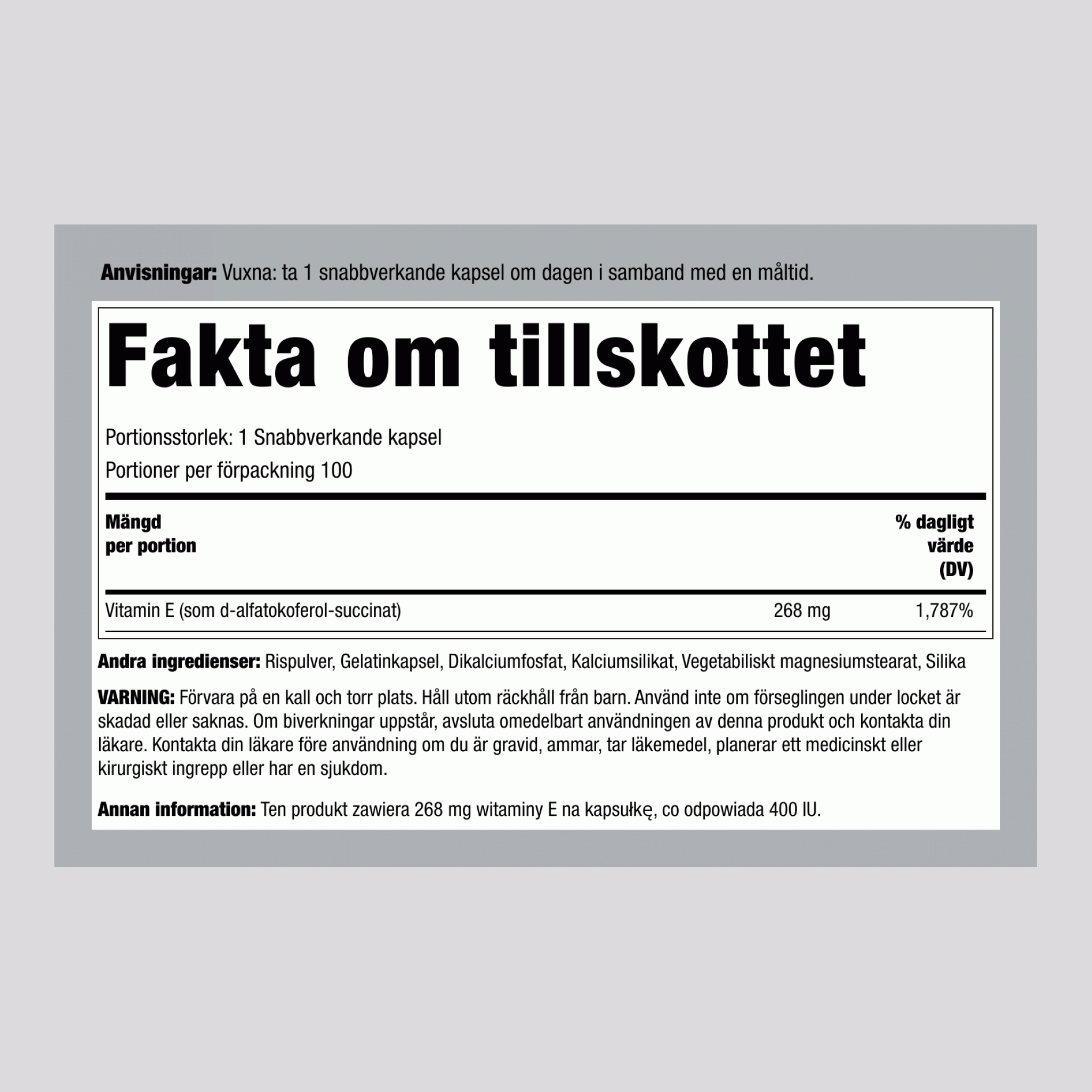 Torr Vitamin E-400 IE (d-alfa-tokoferol), 400 IE, 120 snabbutsläppande kapslar