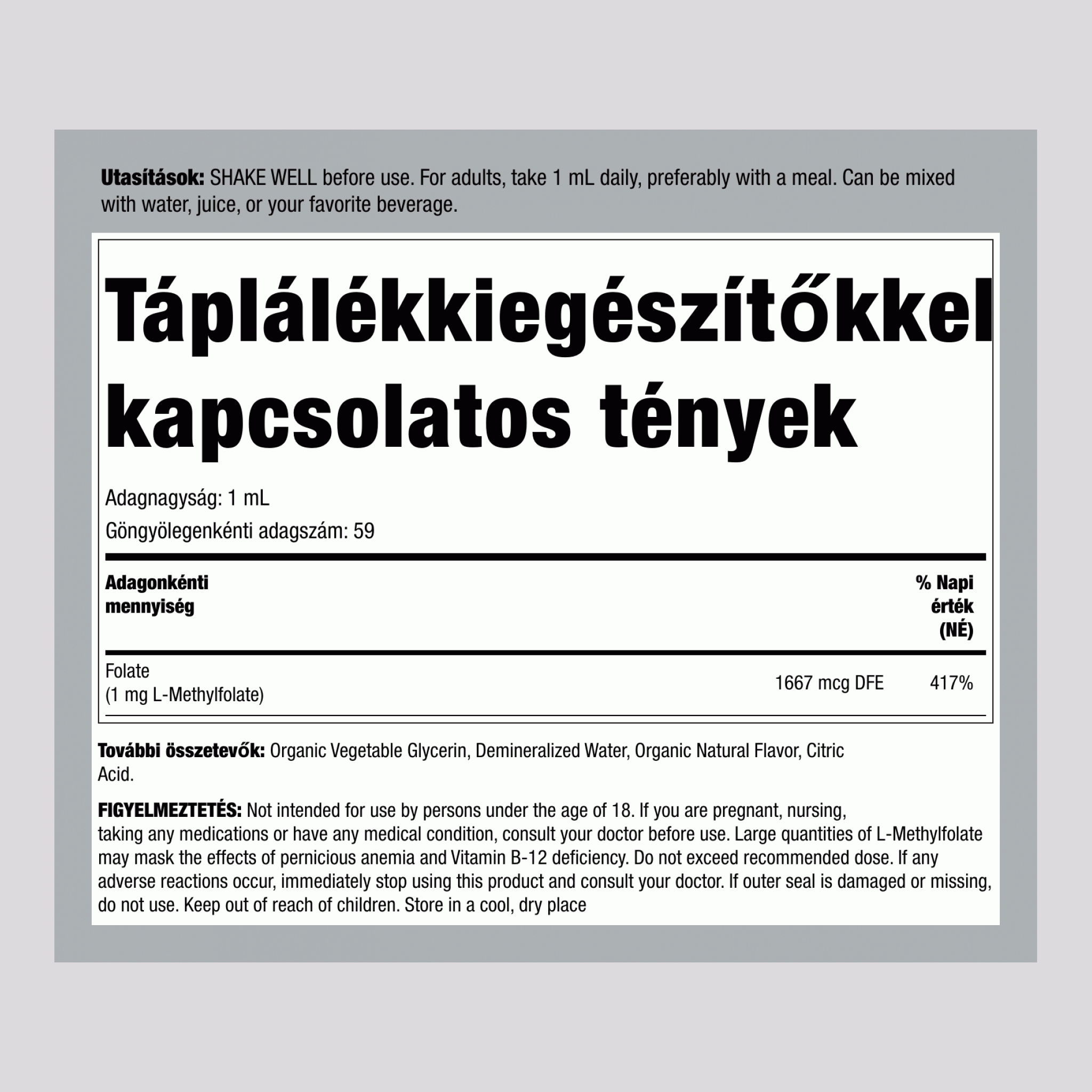 L-metilfolát, 59 ml-es (2 fl oz) csepegtetős üveg