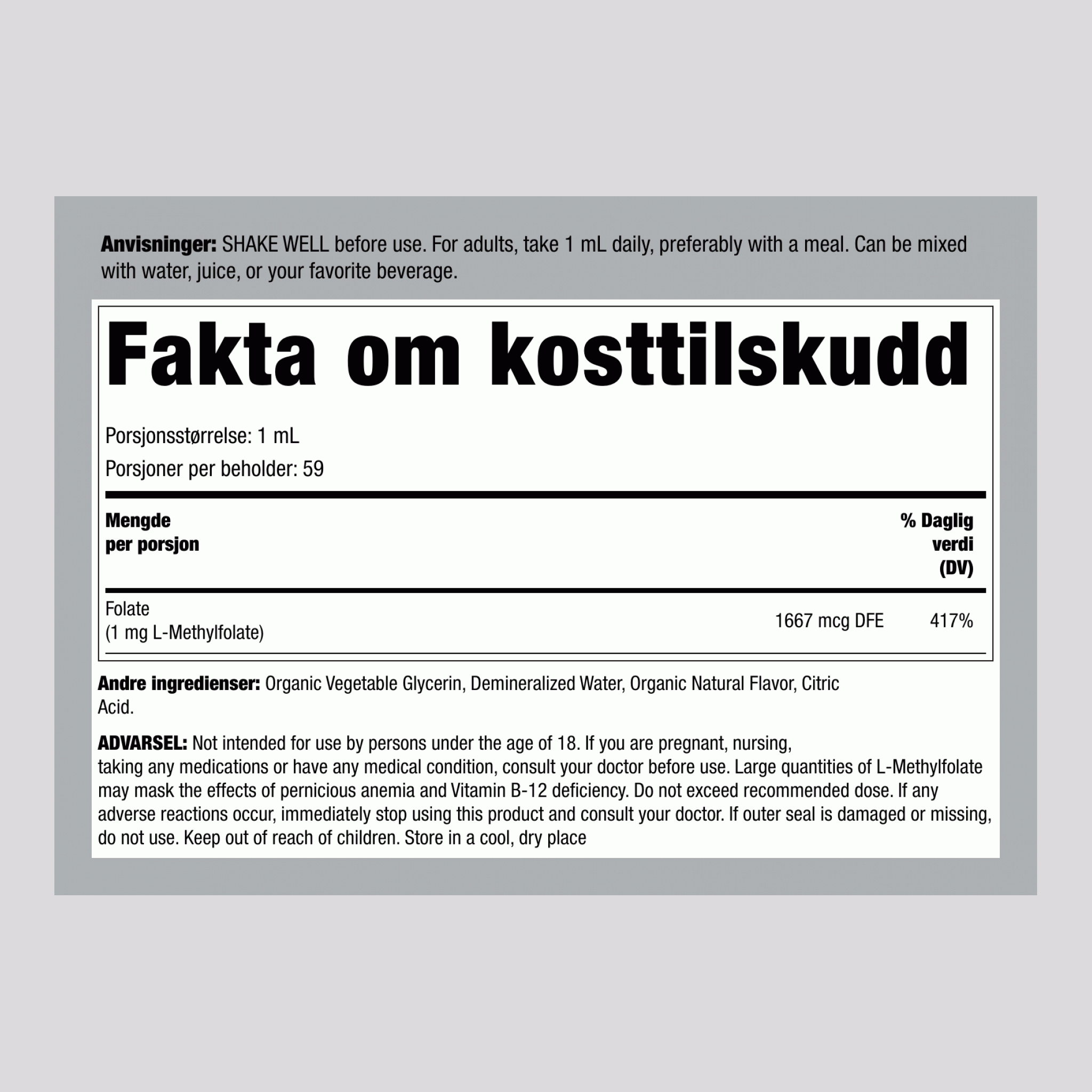 L-Metylfolat, 59 ml (2 fl oz) med pipetteflaske