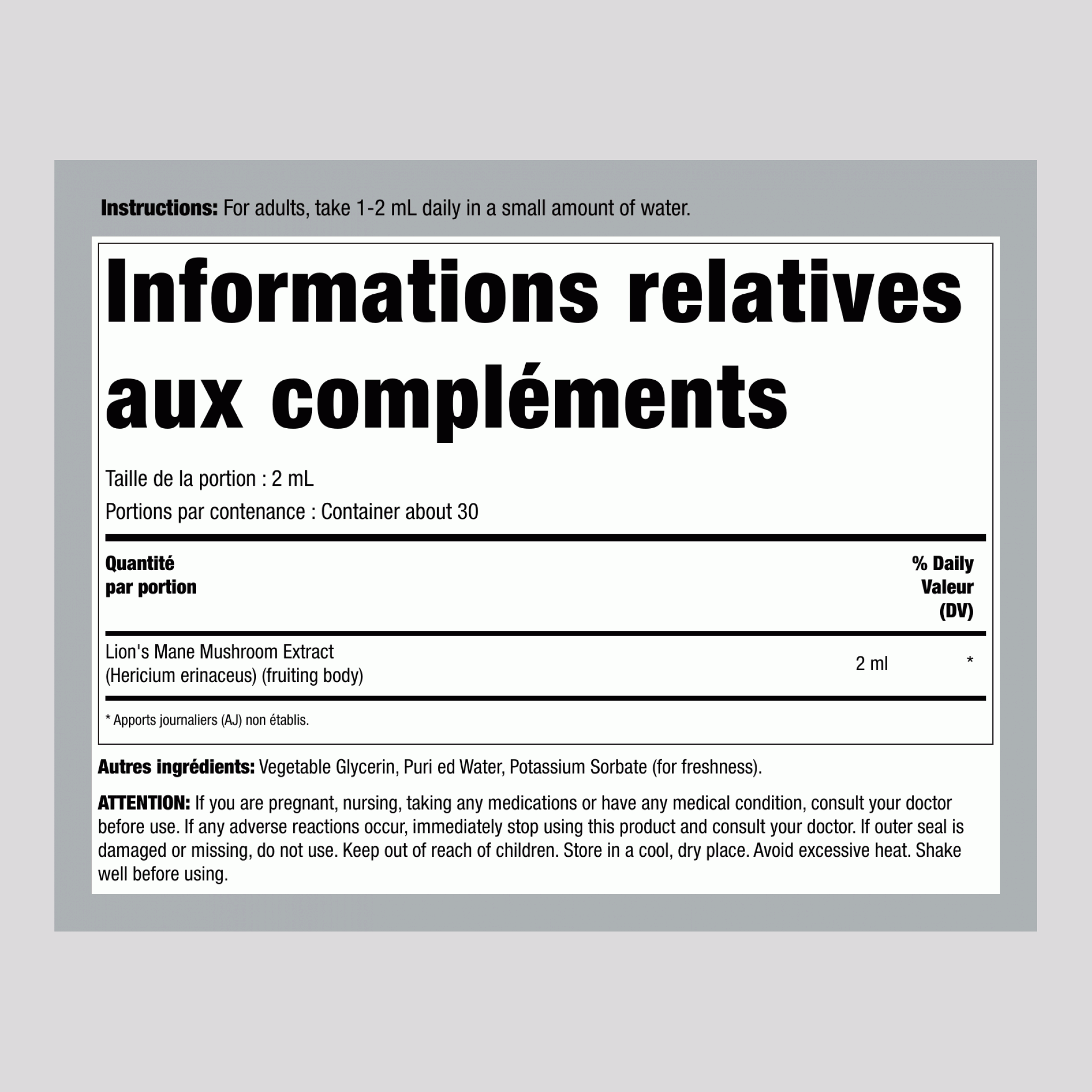 Extrait Liquide de Crinière de Lion, Flacon Compte-gouttes de 59 mL (2 oz liq.)