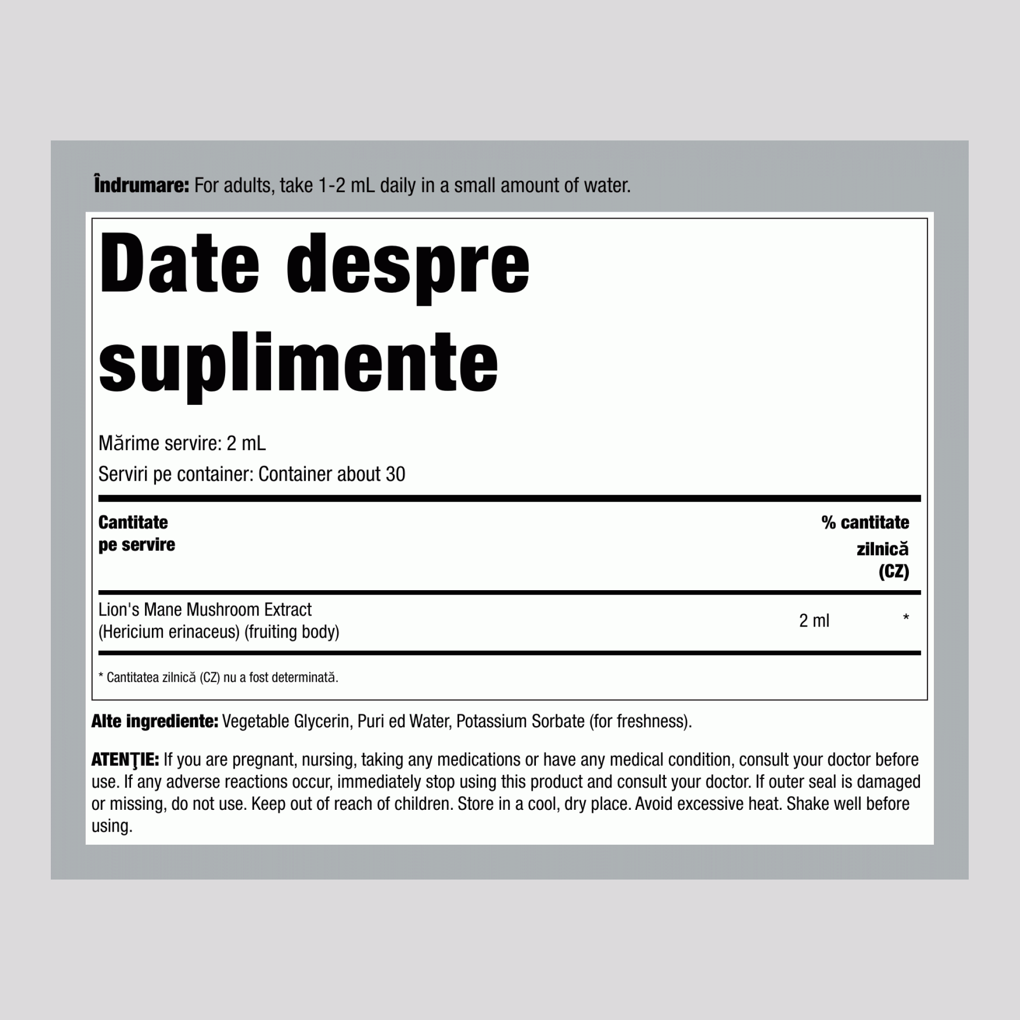 Extract lichid Lion's Mane, 2 fl oz (59 mL), Sticlă cu pipetă