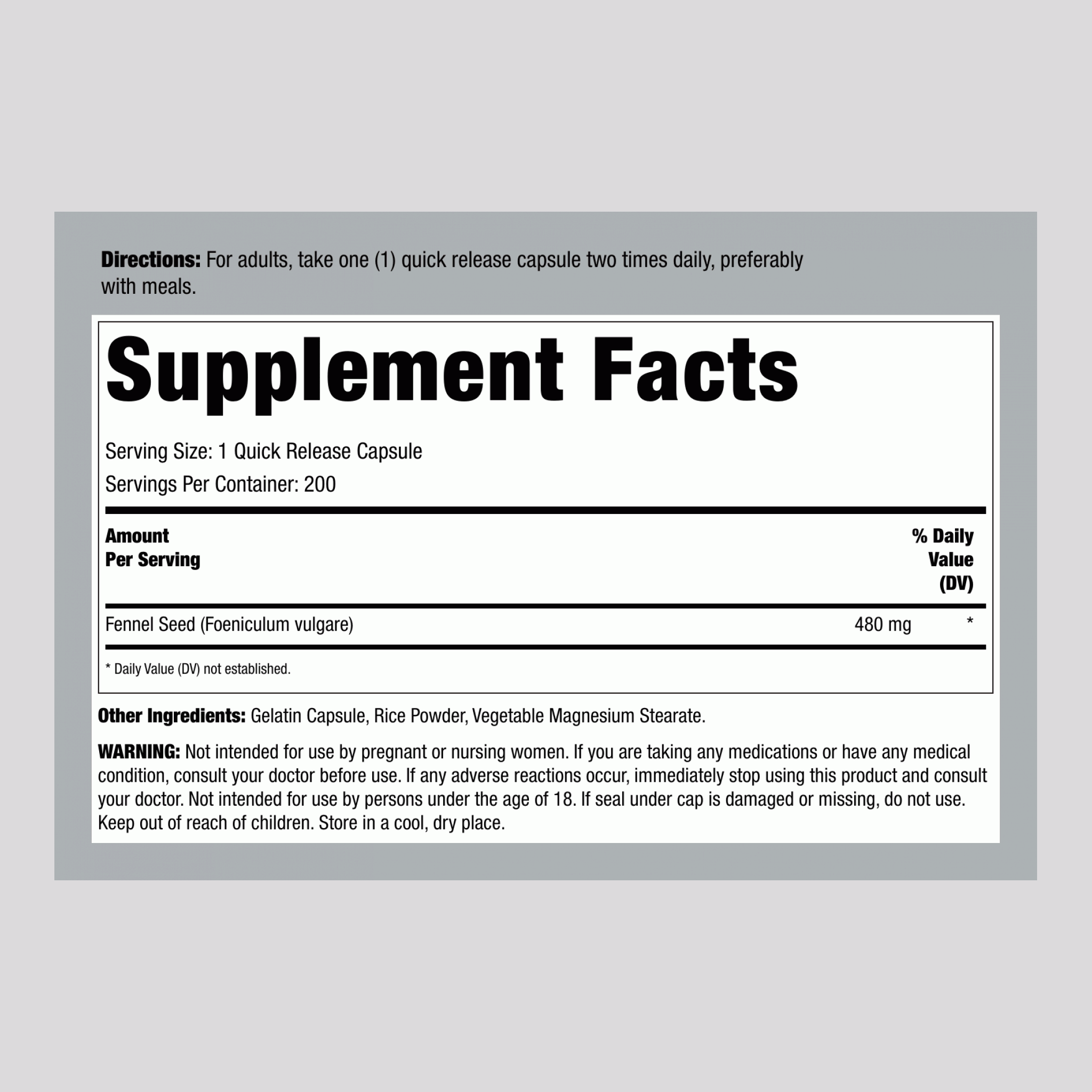 Fennel Seed, 480 mg, 200 Quick Release Capsules