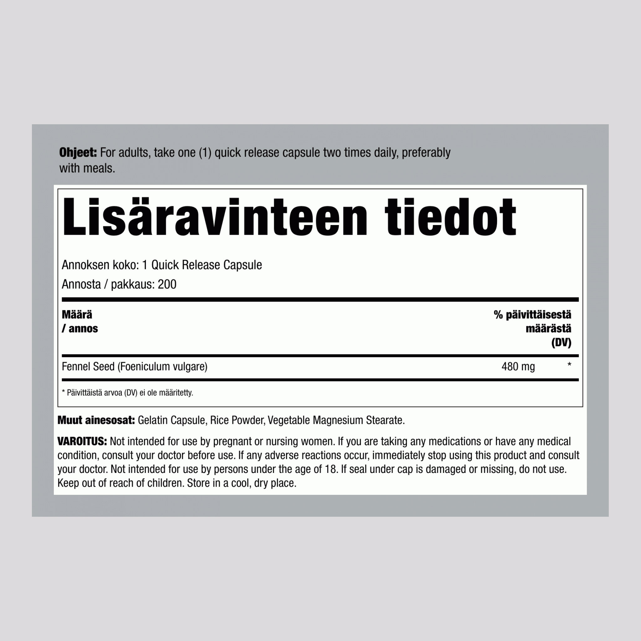 Fenkolinsiemen, 480 mg, 200 pikavapautuskapselia