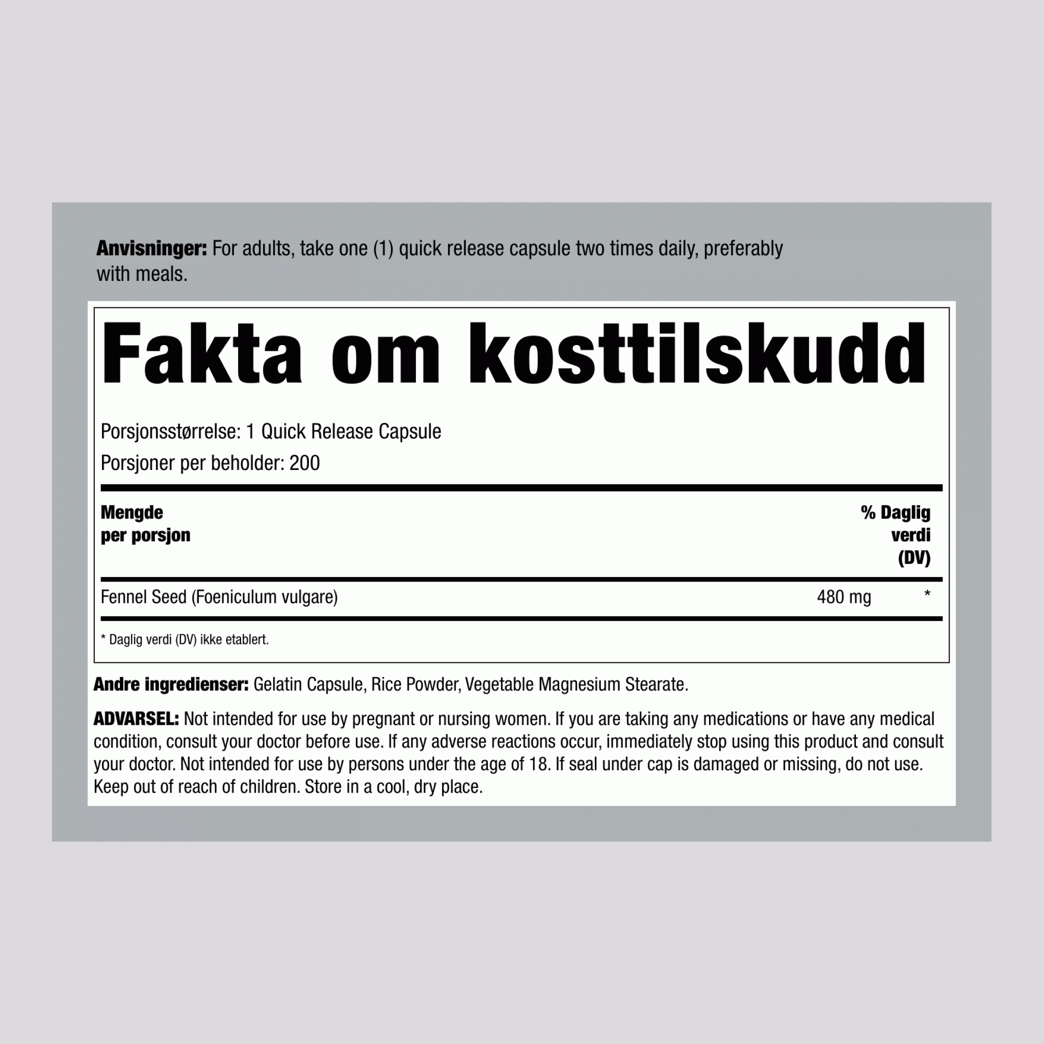 Fennikelfrø, 480 mg, 200 hurtigutløsende kapsler