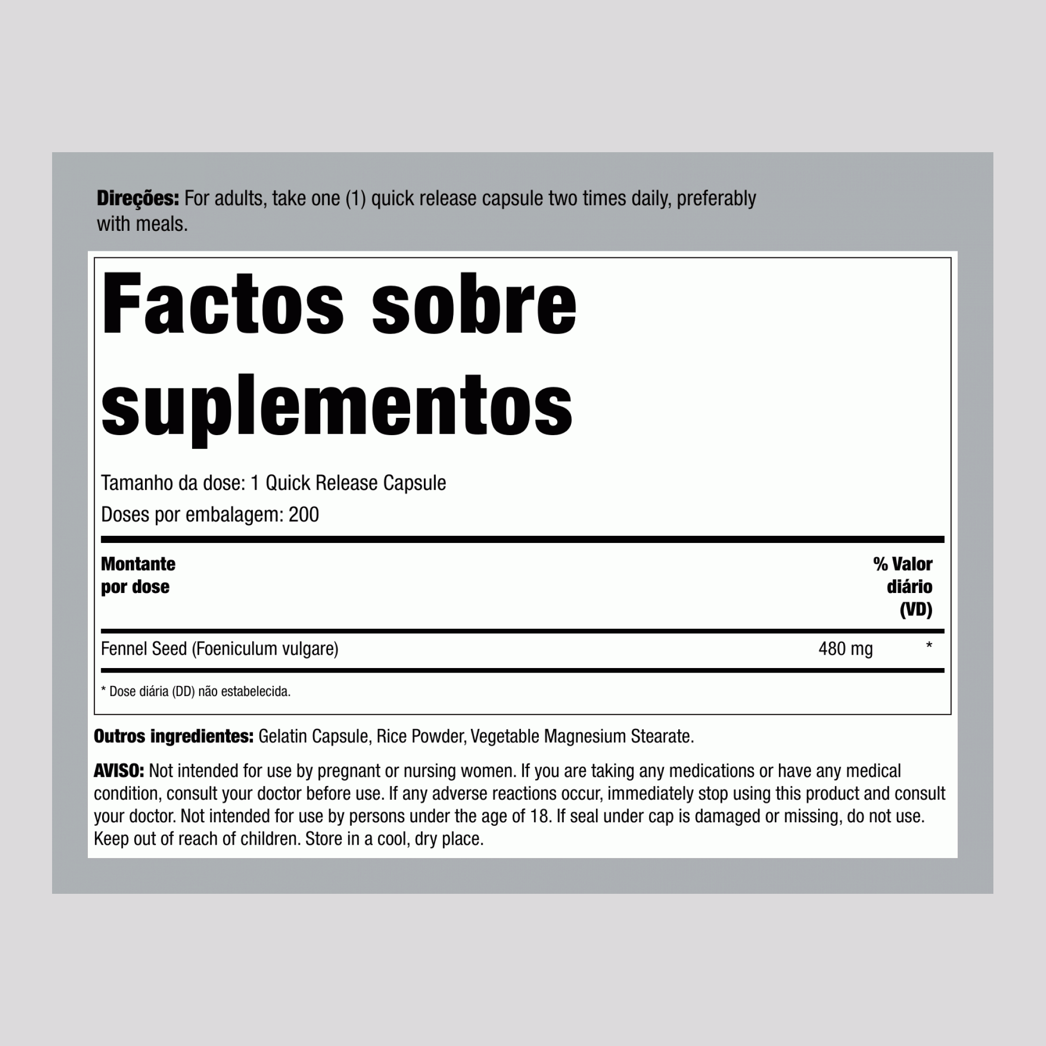 Semente de Funcho, 480 mg, 200 Cápsulas de Liberação Rápida