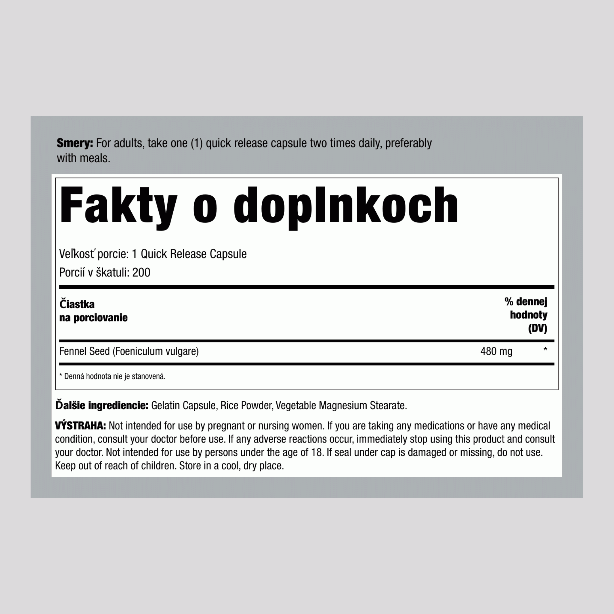 Semená feniklu, 480 mg, 200 kapsúl s rýchlym uvoľňovaním