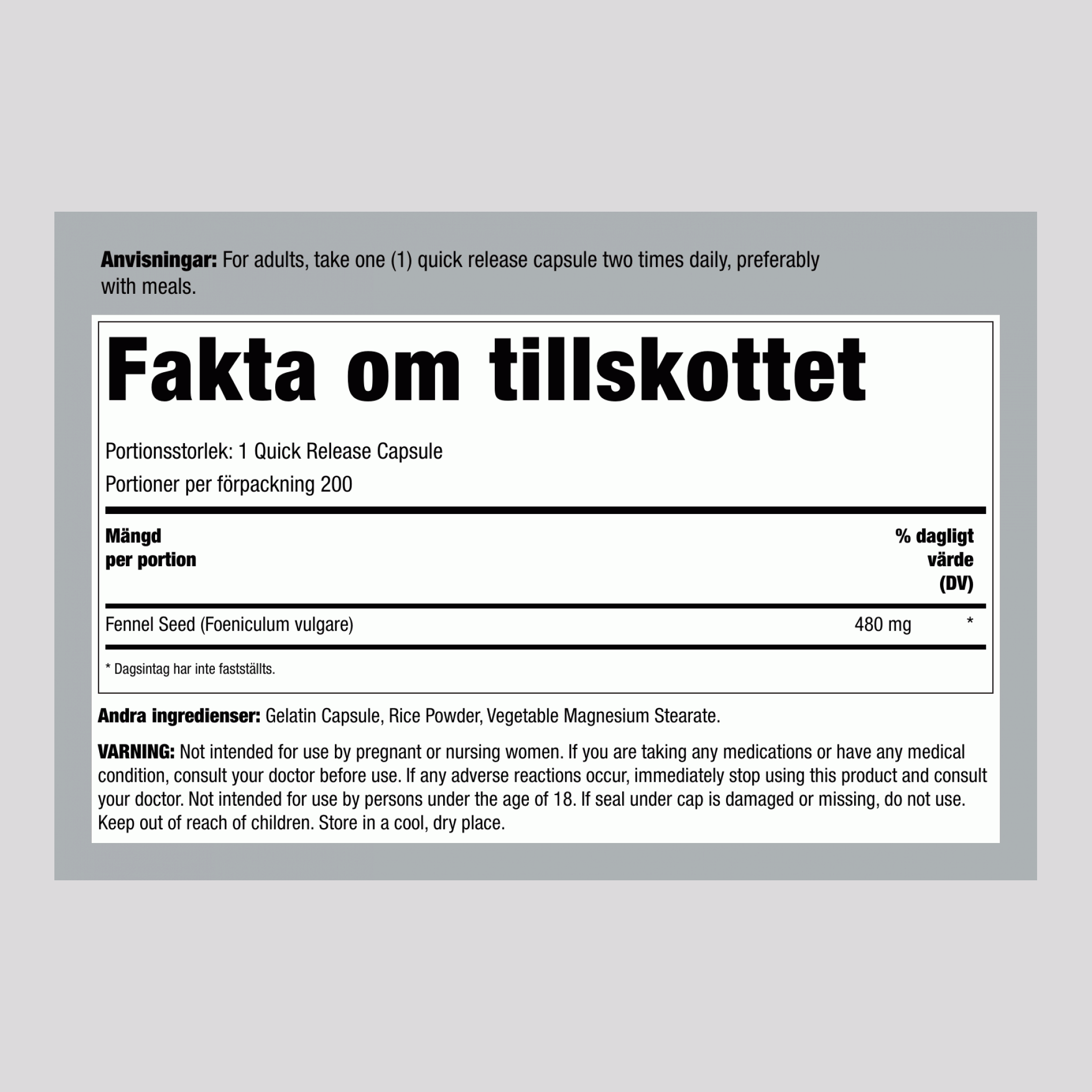 Fänkålsfrö, 480 mg, 200 Snabbfrigörande kapslar