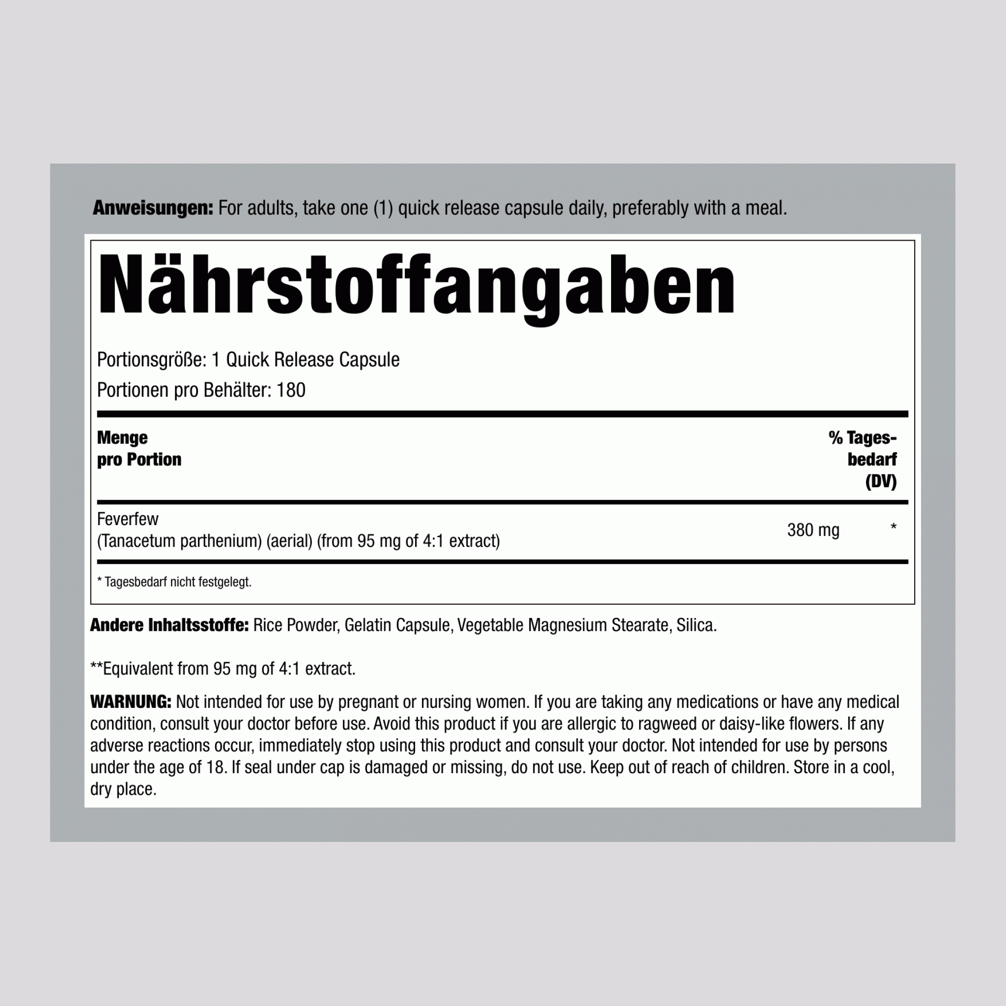 Mutterkraut, 380 mg, 180 Schnellfreisetzende Kapseln