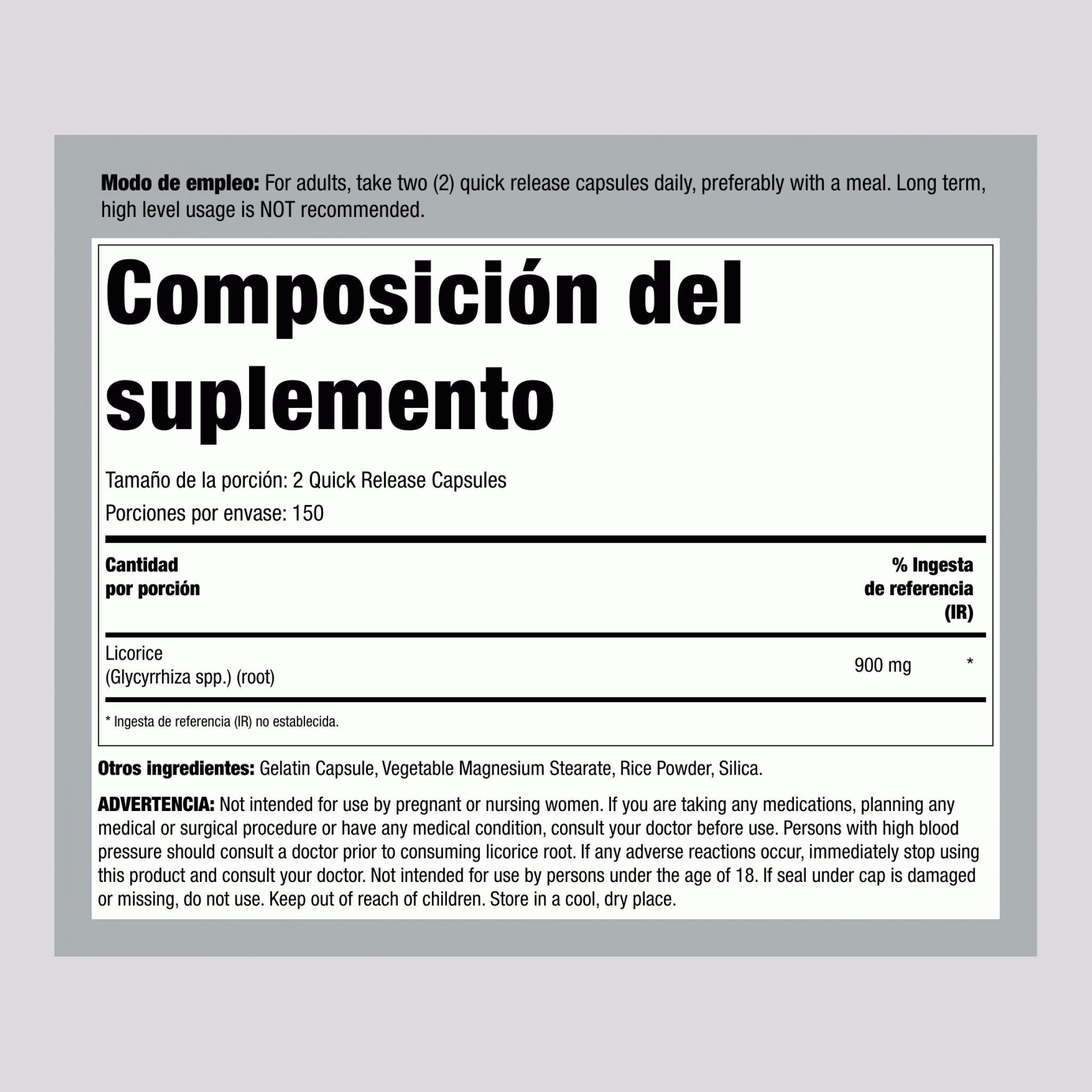 Raíz de Regaliz, 900 mg (por porción), 300 Cápsulas de Liberación Rápida