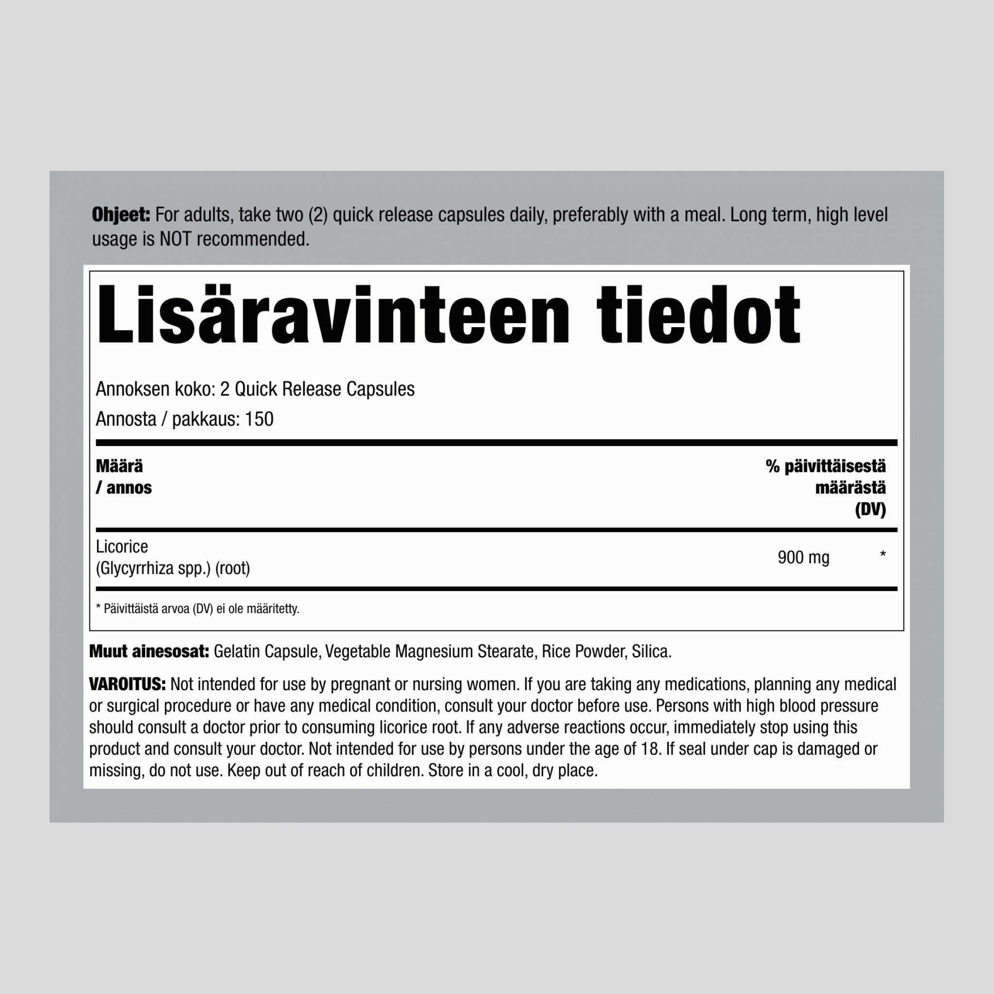Lakritsijuuri, 900 mg (annosta kohti), 300 pikavapautuskapselia