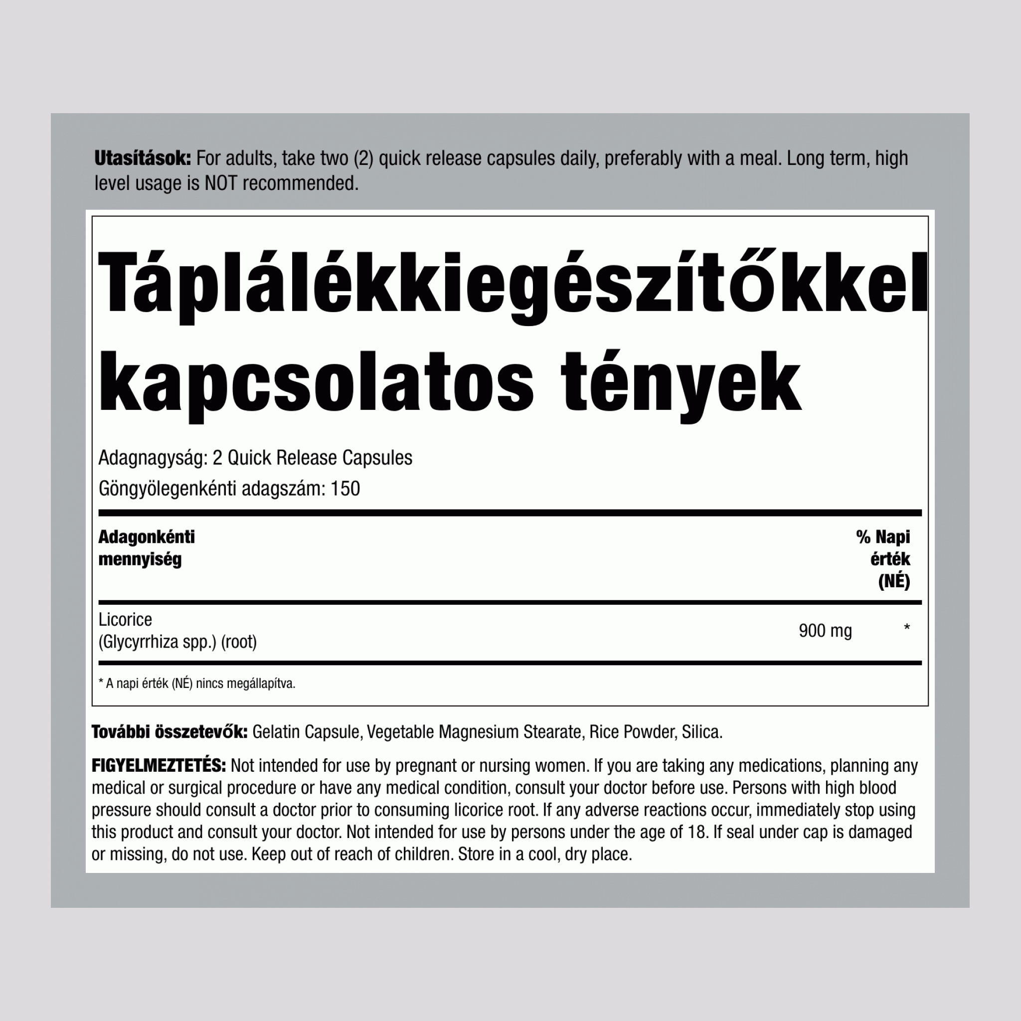 Édesgyökér, 900 mg (adagonként), 300 gyorsan felszabaduló kapszula