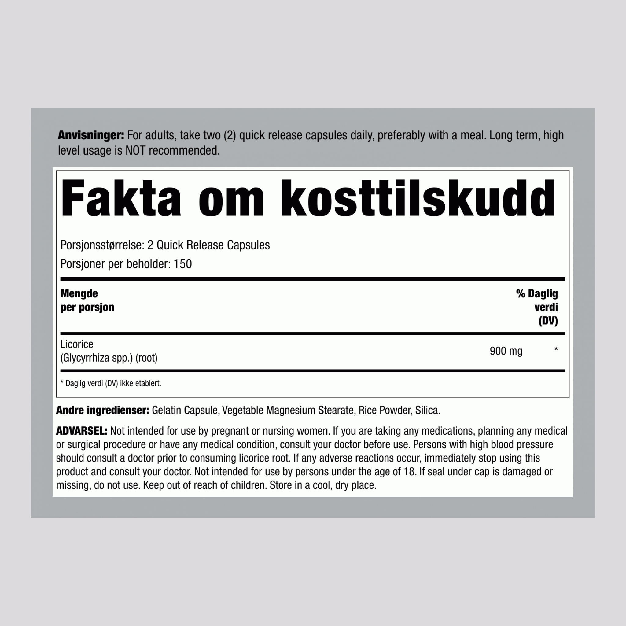 Lakrisrot, 900 mg (per porsjon), 300 Hurtigutløsende Kapsler