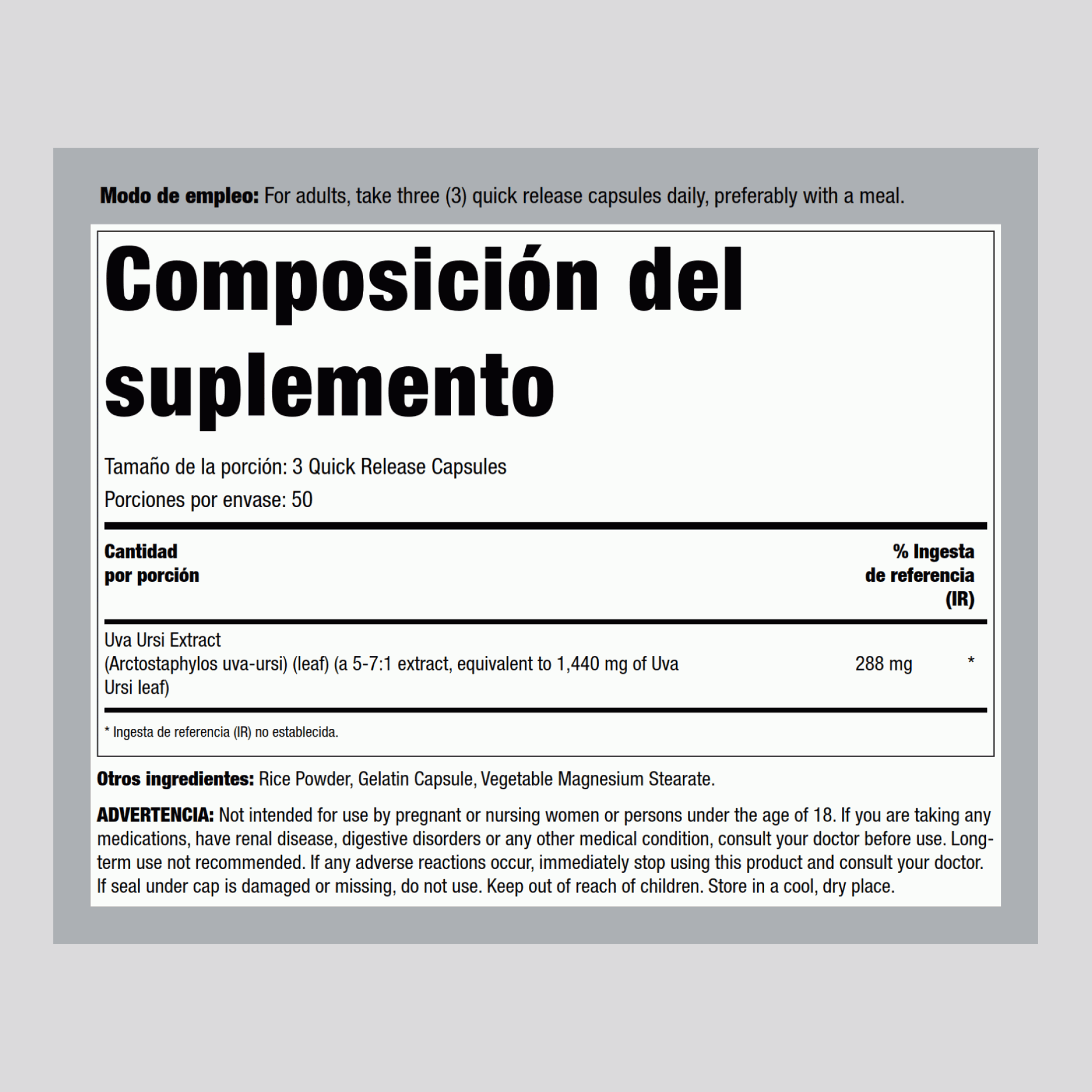 Hoja de Uva Ursi (Gayuba), 1440 mg (por porción), 150 Cápsulas de Liberación Rápida