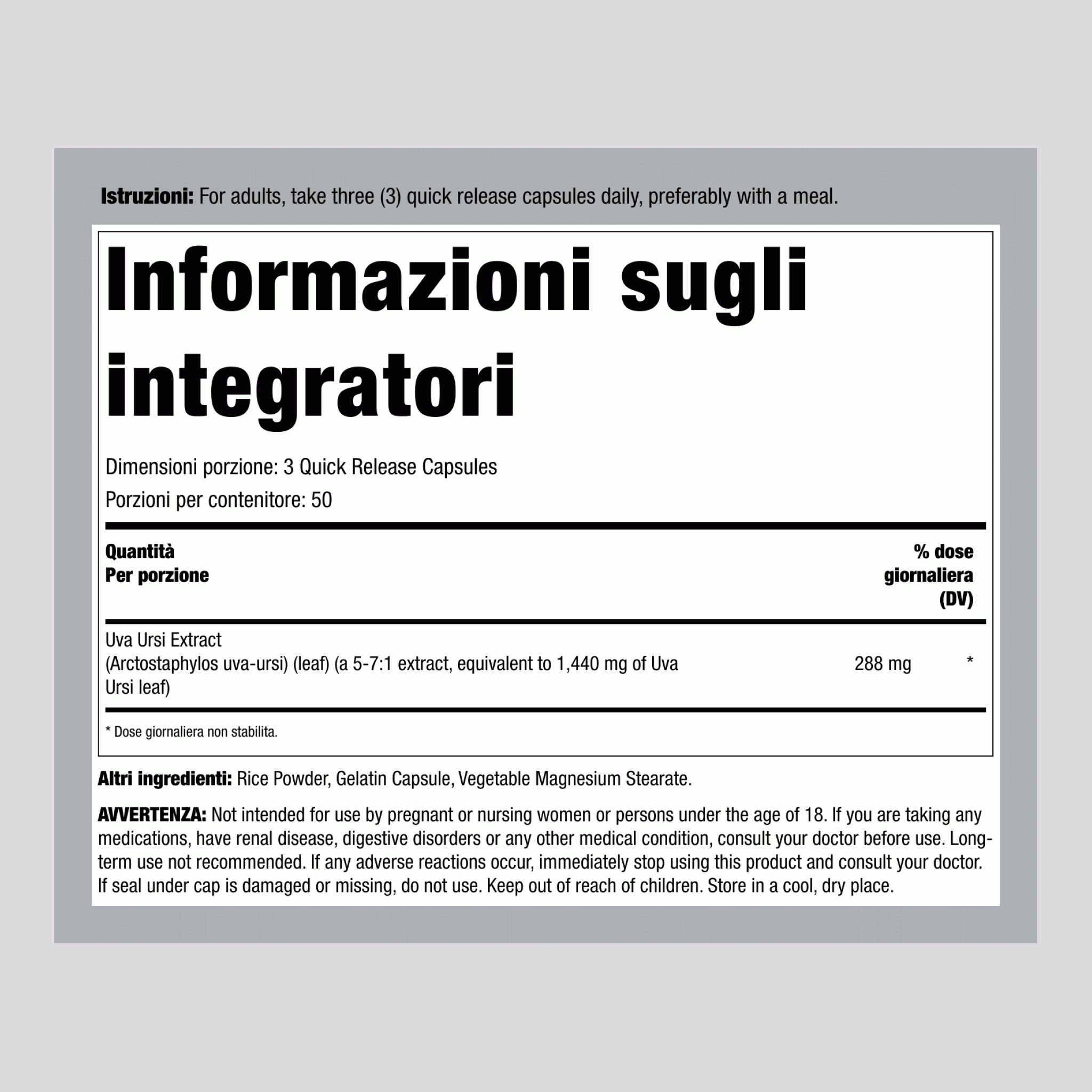 Foglie di Uva Ursi (Mirtillo Uva Orso), 1440 mg (per porzione), 150 Capsule a Rilascio Rapido