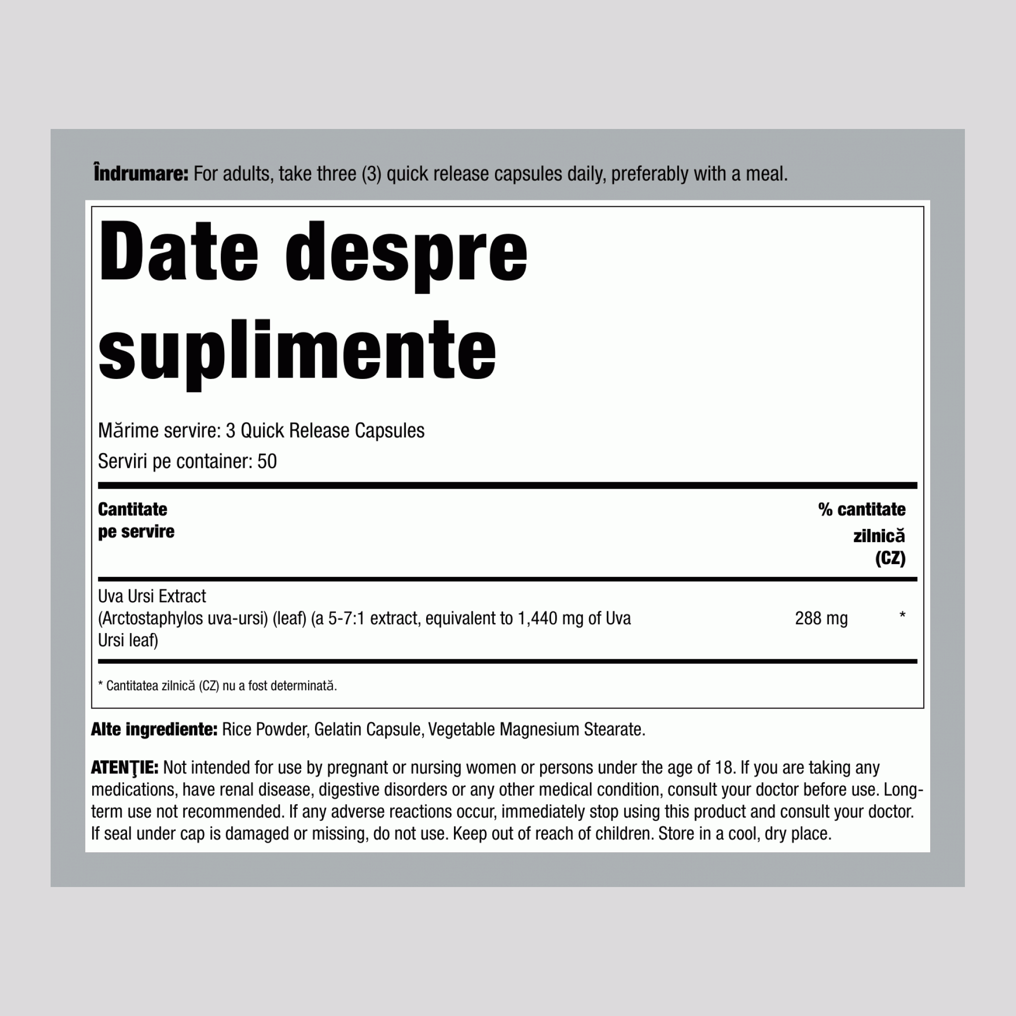 Frunza de Uva Ursi (Strugurii Ursului), 1440 mg (per porție), 150 capsule cu eliberare rapidă