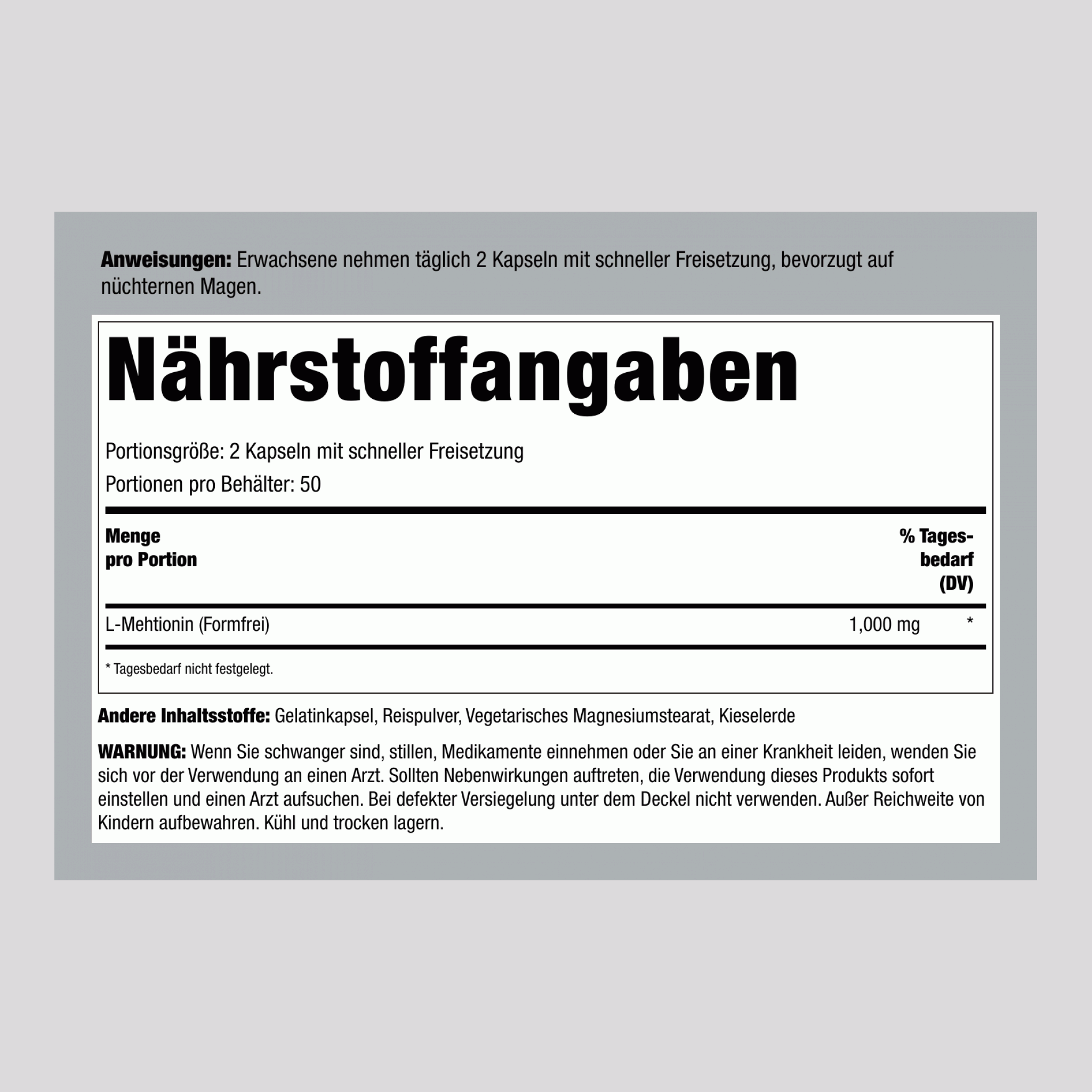 L Methionin, 1000 mg (pro Portion), 100 Kapseln
