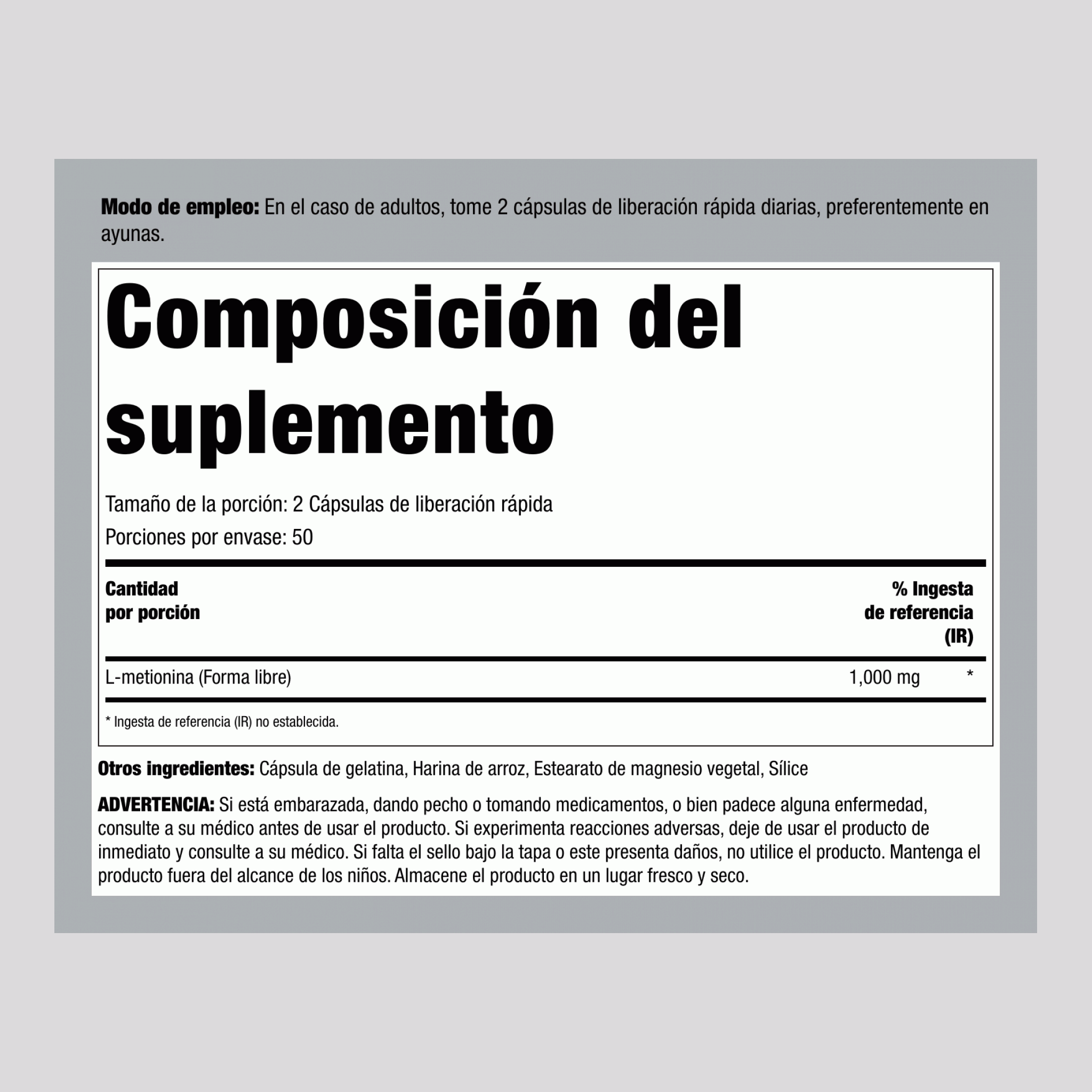 L Metionina, 1000 mg (por porción), 100 Cápsulas