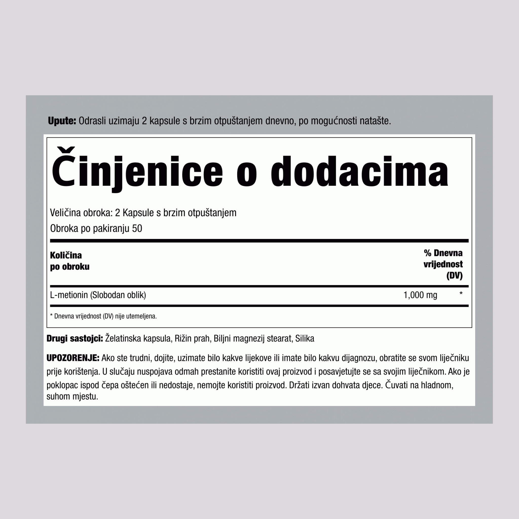 L Metionin, 1000 mg (po porciji), 100 kapsula