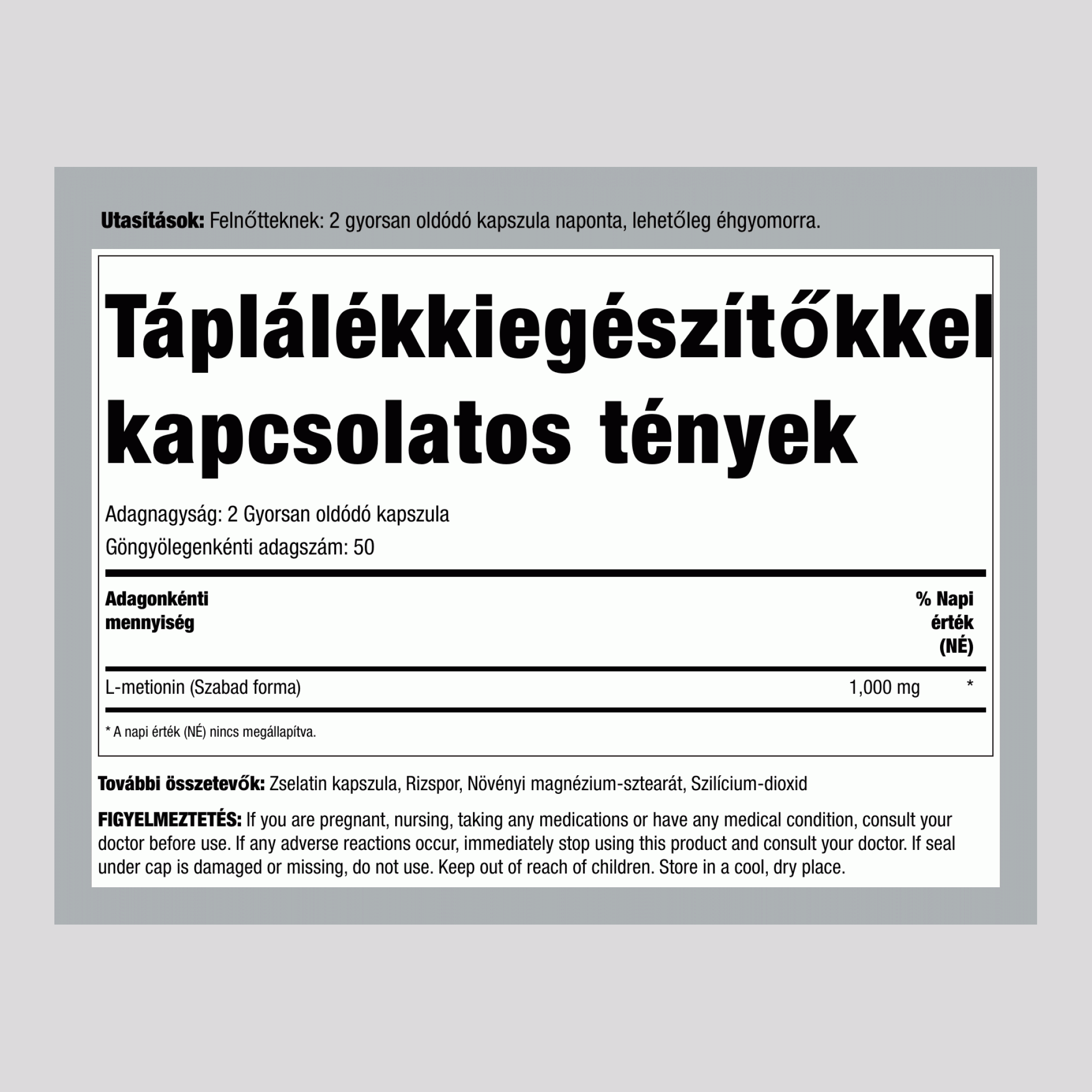 L-metionin, 1000 mg (adagonként), 100 kapszula
