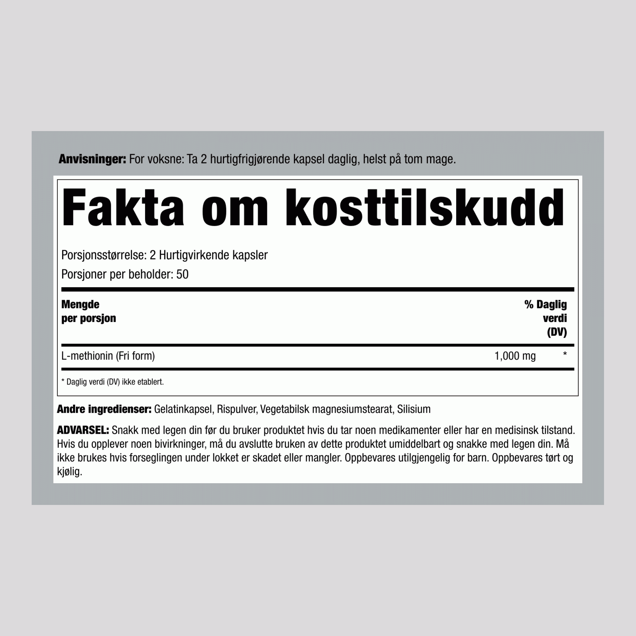 L-metionin, 1000 mg (per porsjon), 100 kapsler