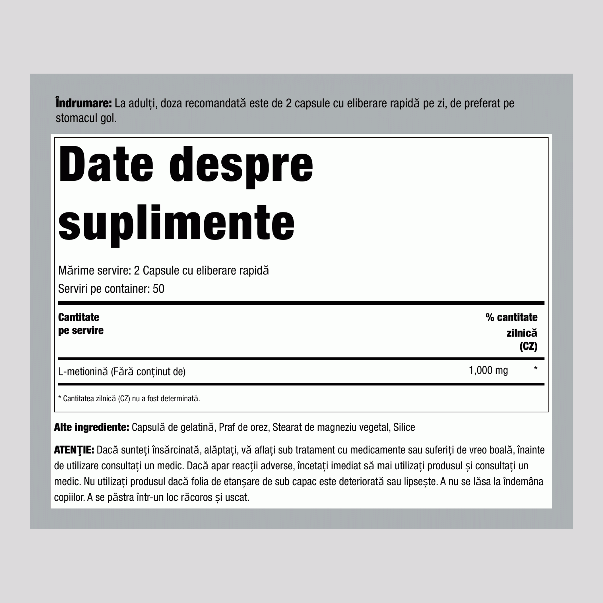 L Metionină, 1000 mg (per porție), 100 Capsule