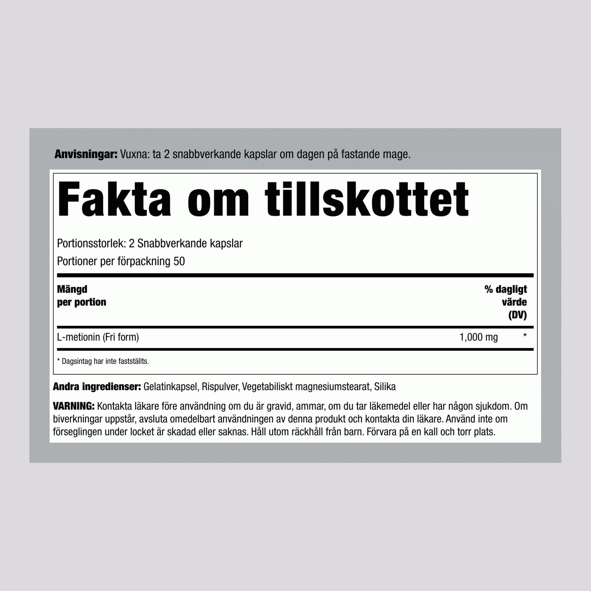 L Metionin, 1000 mg (per servering), 100 Kapslar