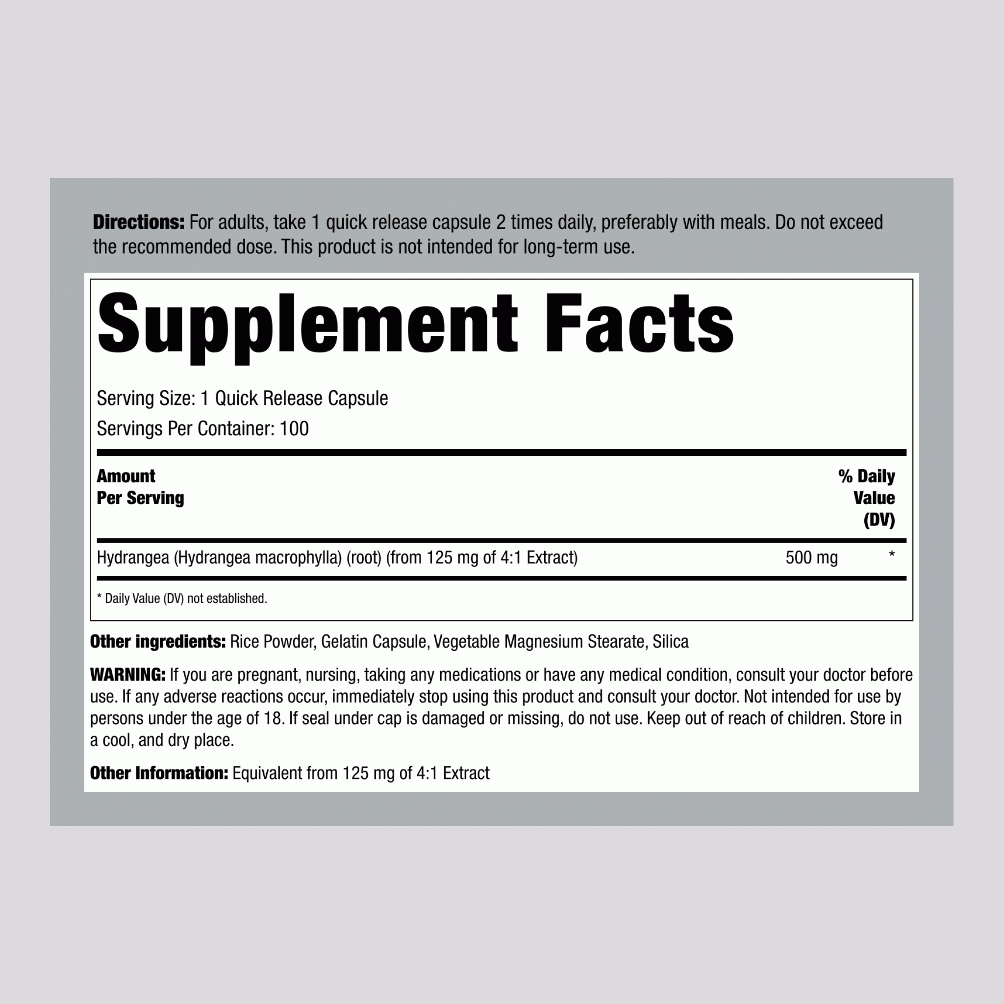 Hydrangea Root, 1000 mg (per serving), 100 Quick Release Capsules