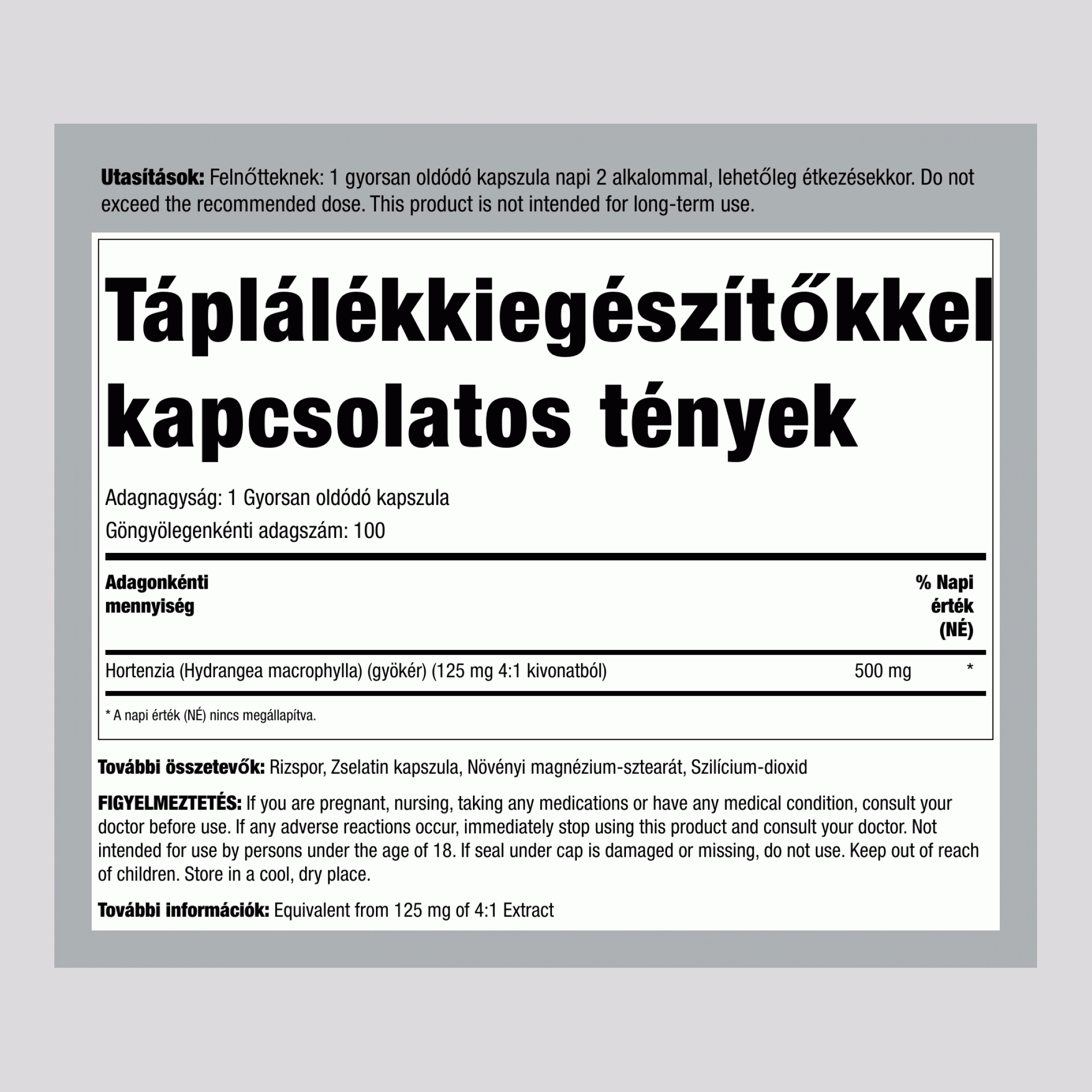 Hortenzia gyökér, 1000 mg (adagonként), 100 gyorsan felszabaduló kapszula