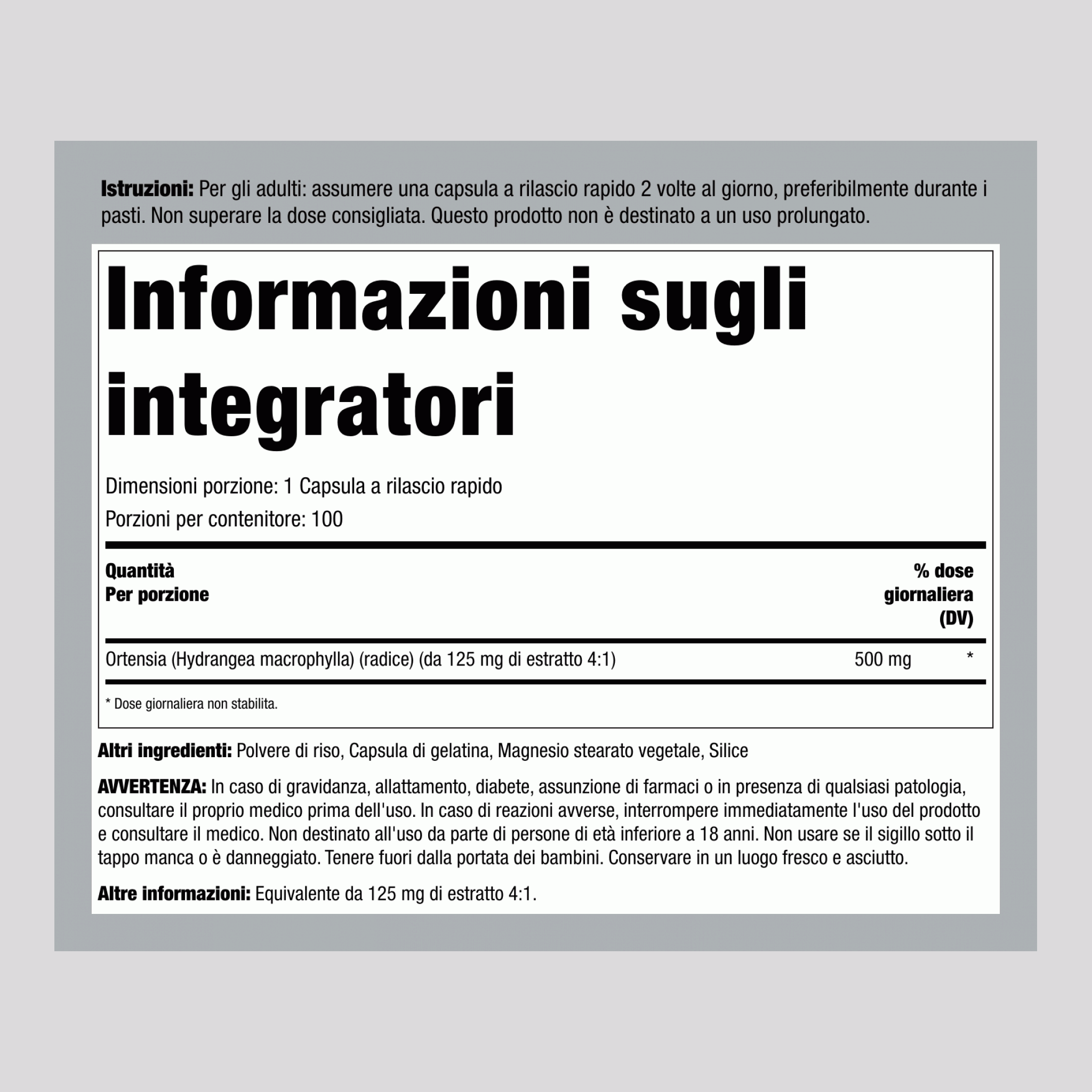 Radice di Ortensia, 1000 mg (per porzione), 100 Capsule a Rilascio Rapido