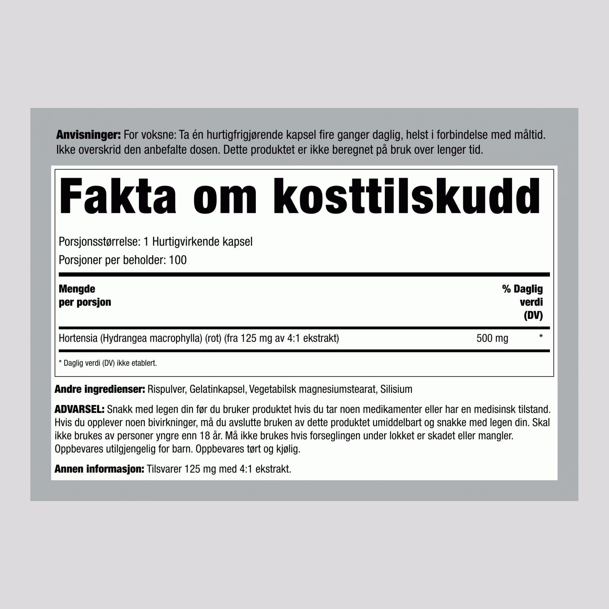 Hortensiarot, 1000 mg (per porsjon), 100 hurtigutløsende kapsler