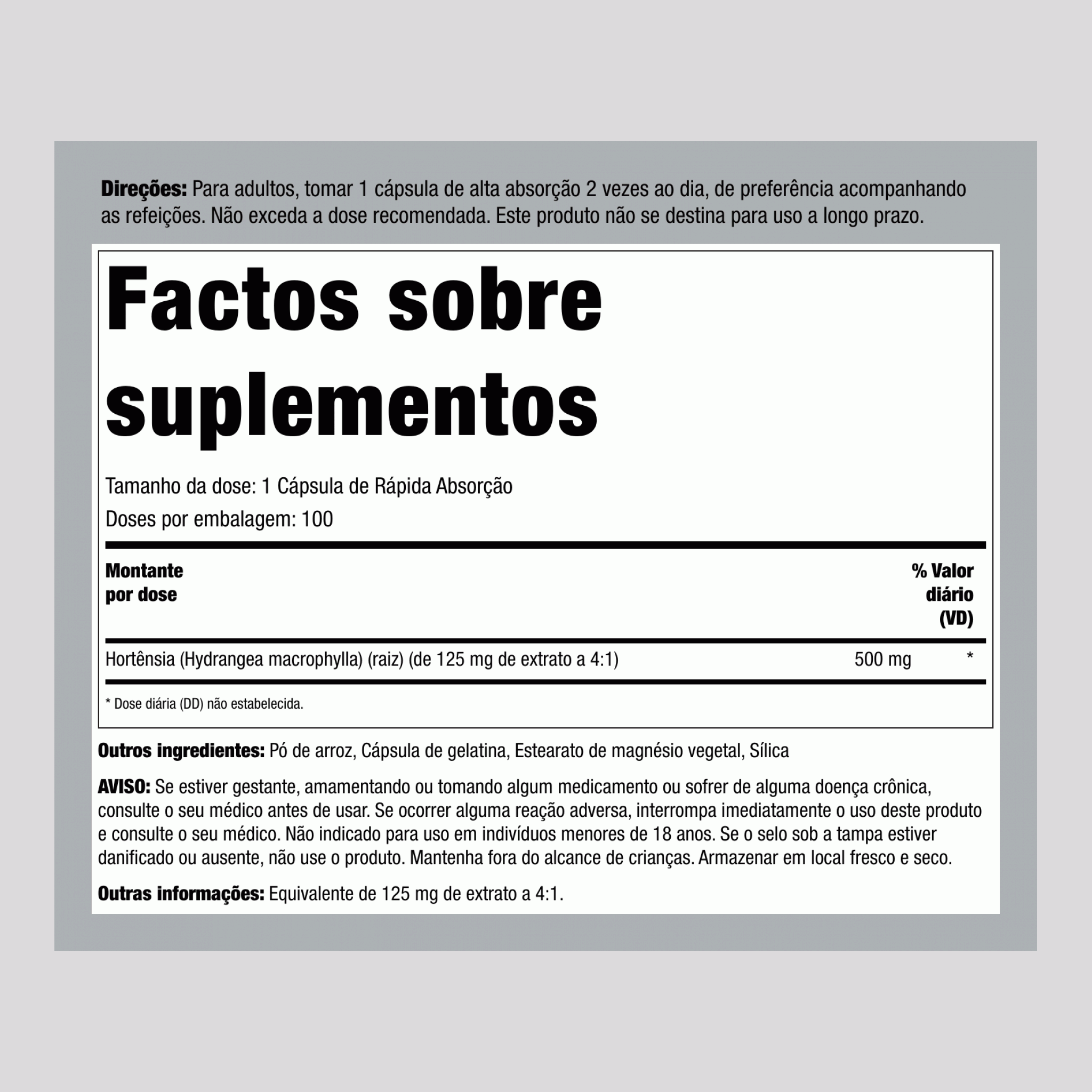 Raiz de Hortênsia, 1000 mg (por porção), 100 Cápsulas de Liberação Rápida