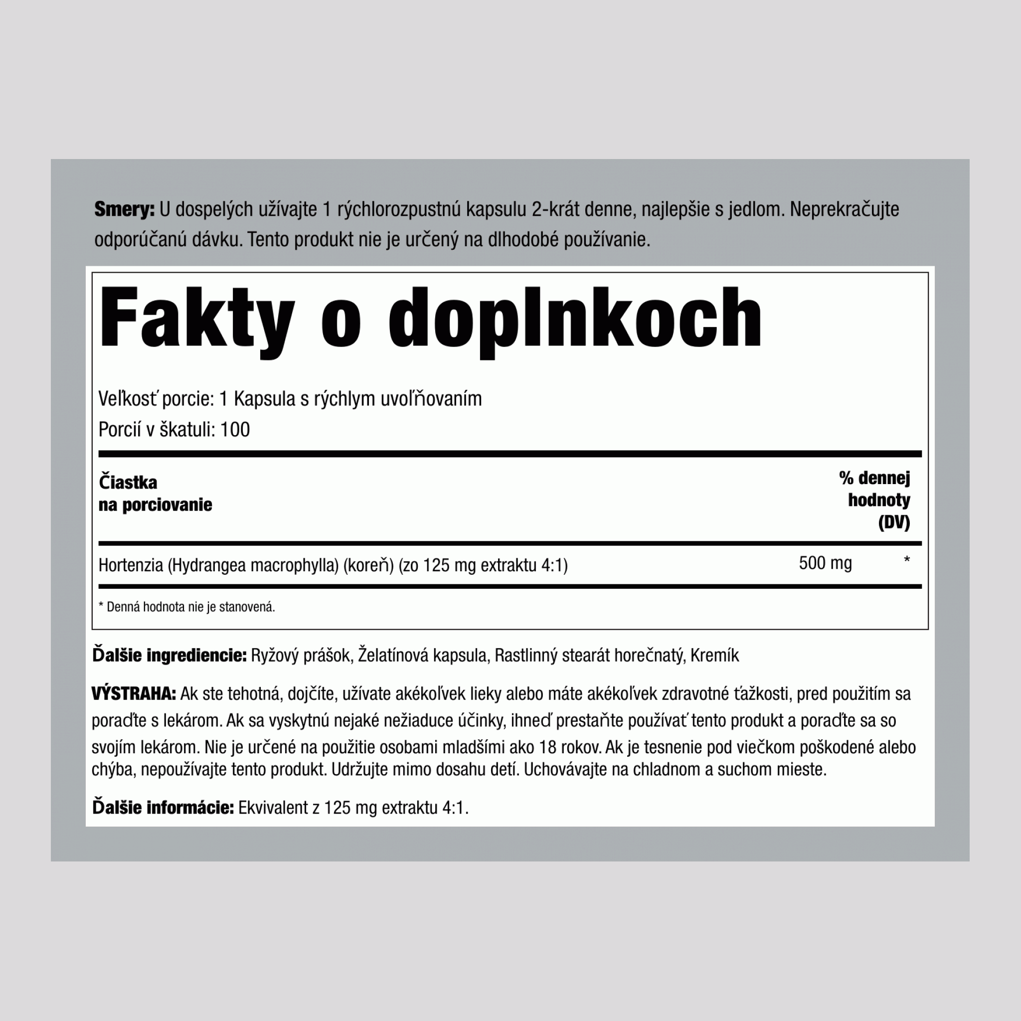 Koreň hortenzie, 1000 mg (na porciu), 100 kapsúl s rýchlym uvoľňovaním