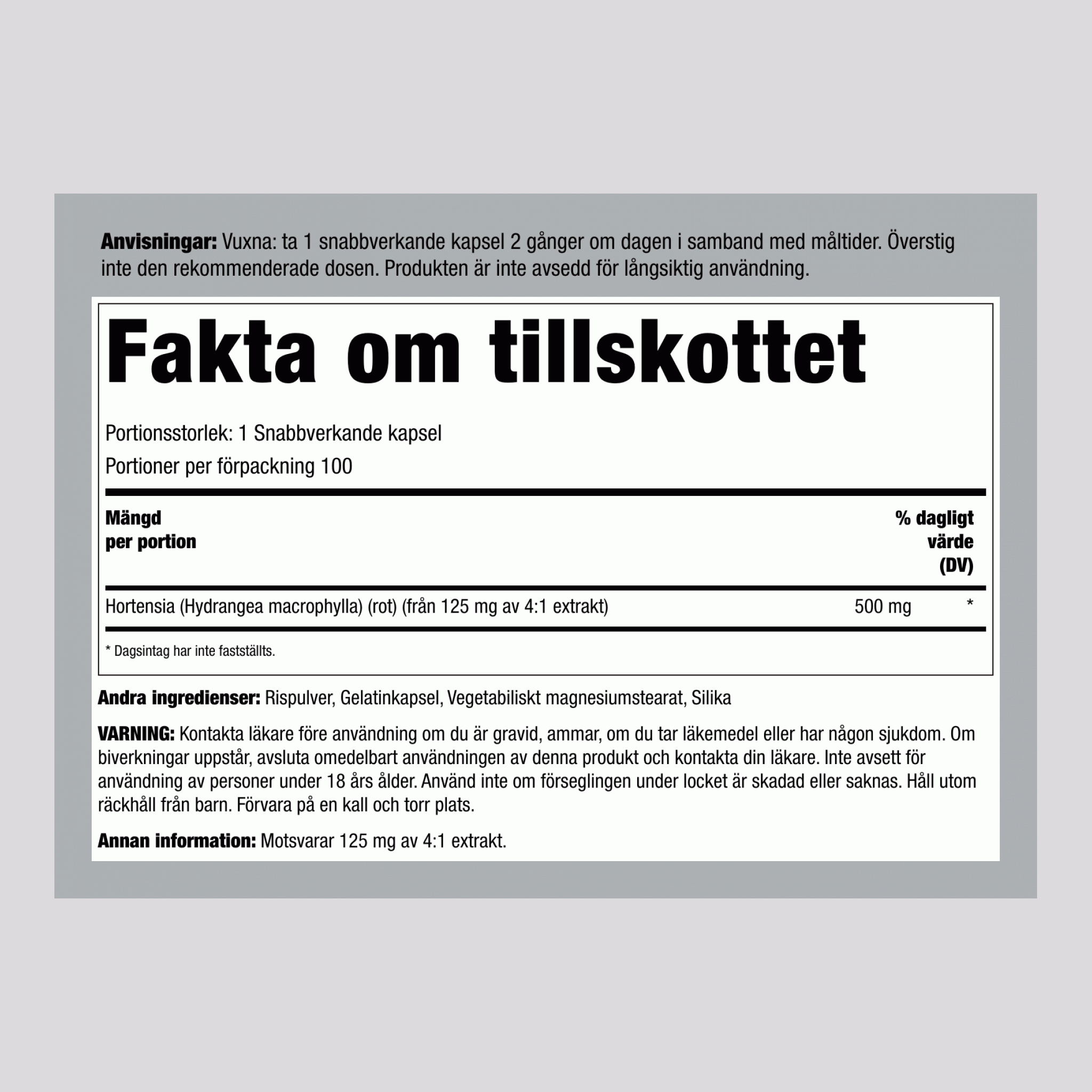 Hortensiarot, 1000 mg (per portion), 100 snabblösläppkapslar