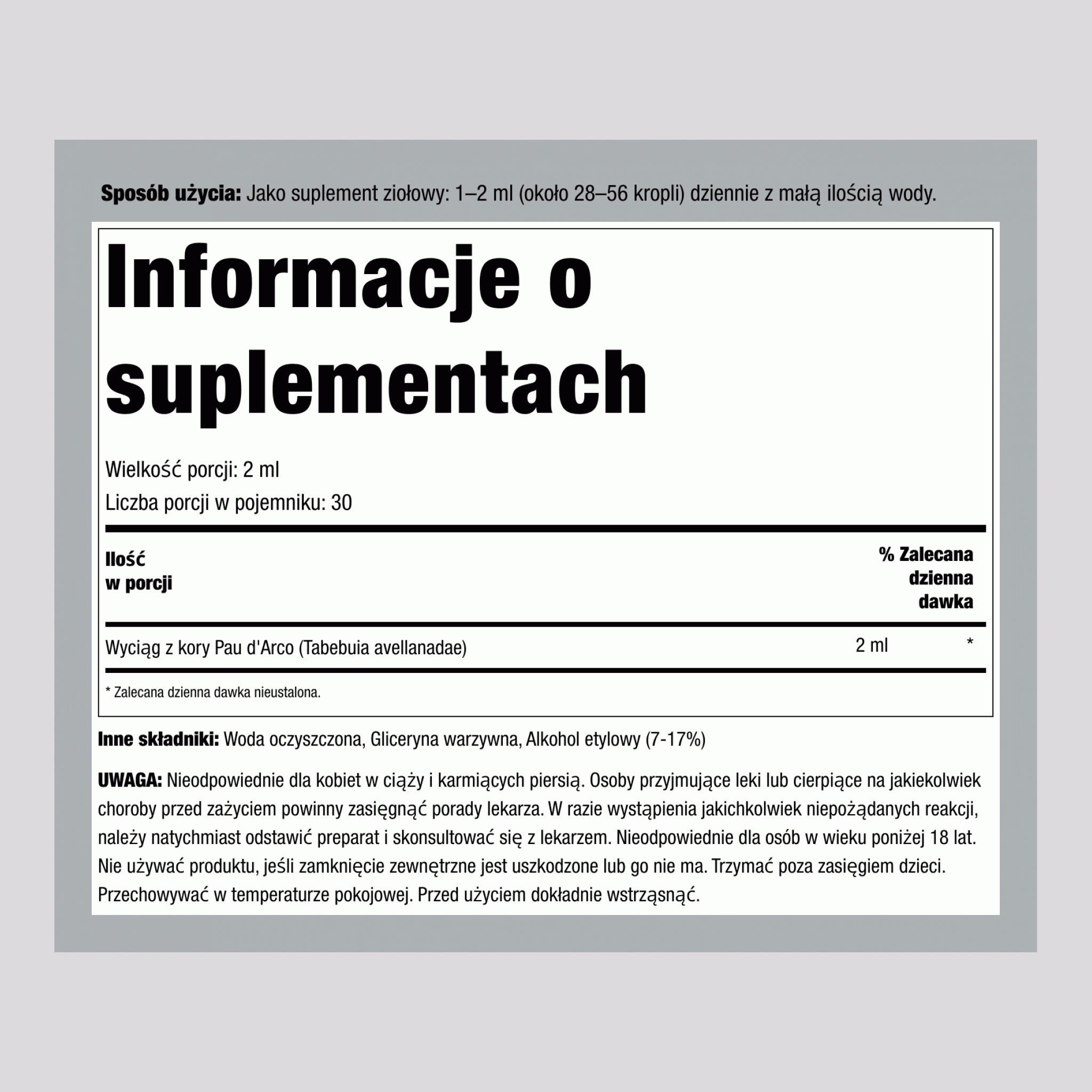 Pau D'Arco Ekstrakt Płynny, 59 ml Butelka z Zakraplaczem