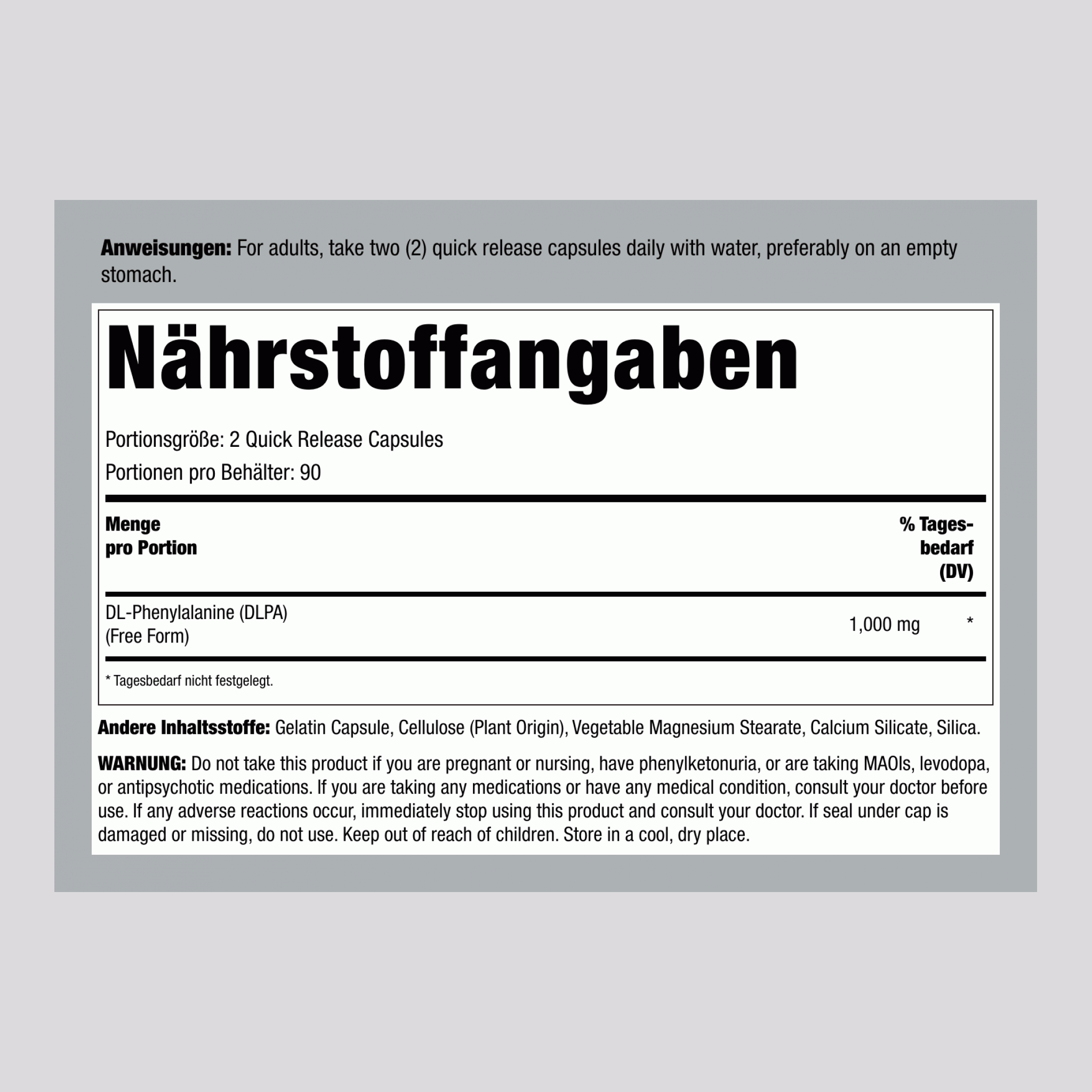 DL-Phenylalanin (DLPA), 1000 mg (pro Portion), 180 Kapseln mit schneller Freisetzung