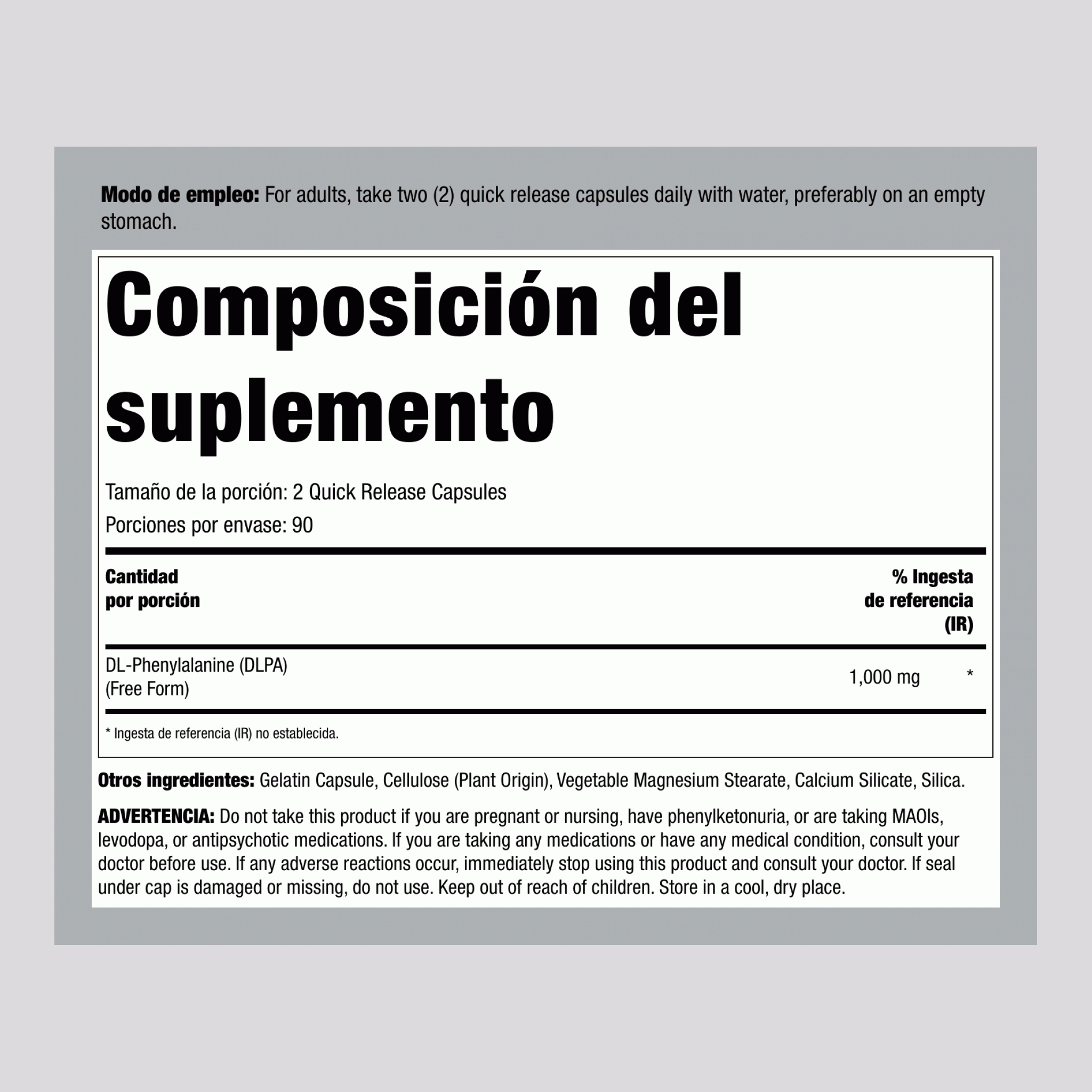 DL-Fenilalanina (DLPA), 1000 mg (por porción), 180 Cápsulas de Liberación Rápida