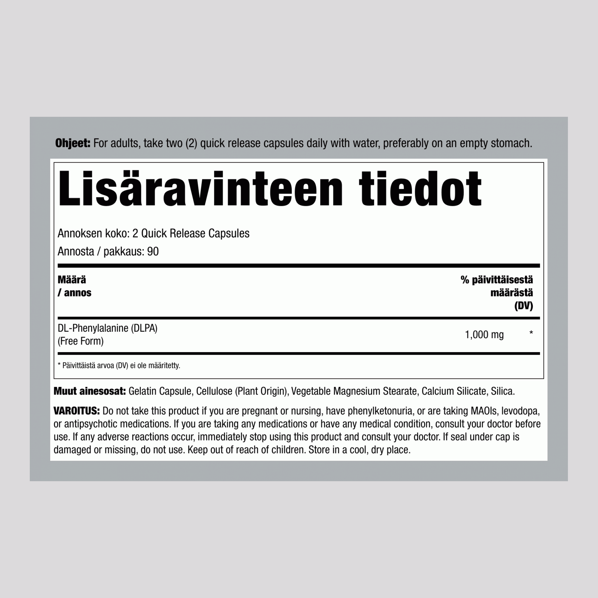 DL-phenylalaniini (DLPA), 1000 mg (annosta kohti), 180 nopeasti vapautuvaa kapselia