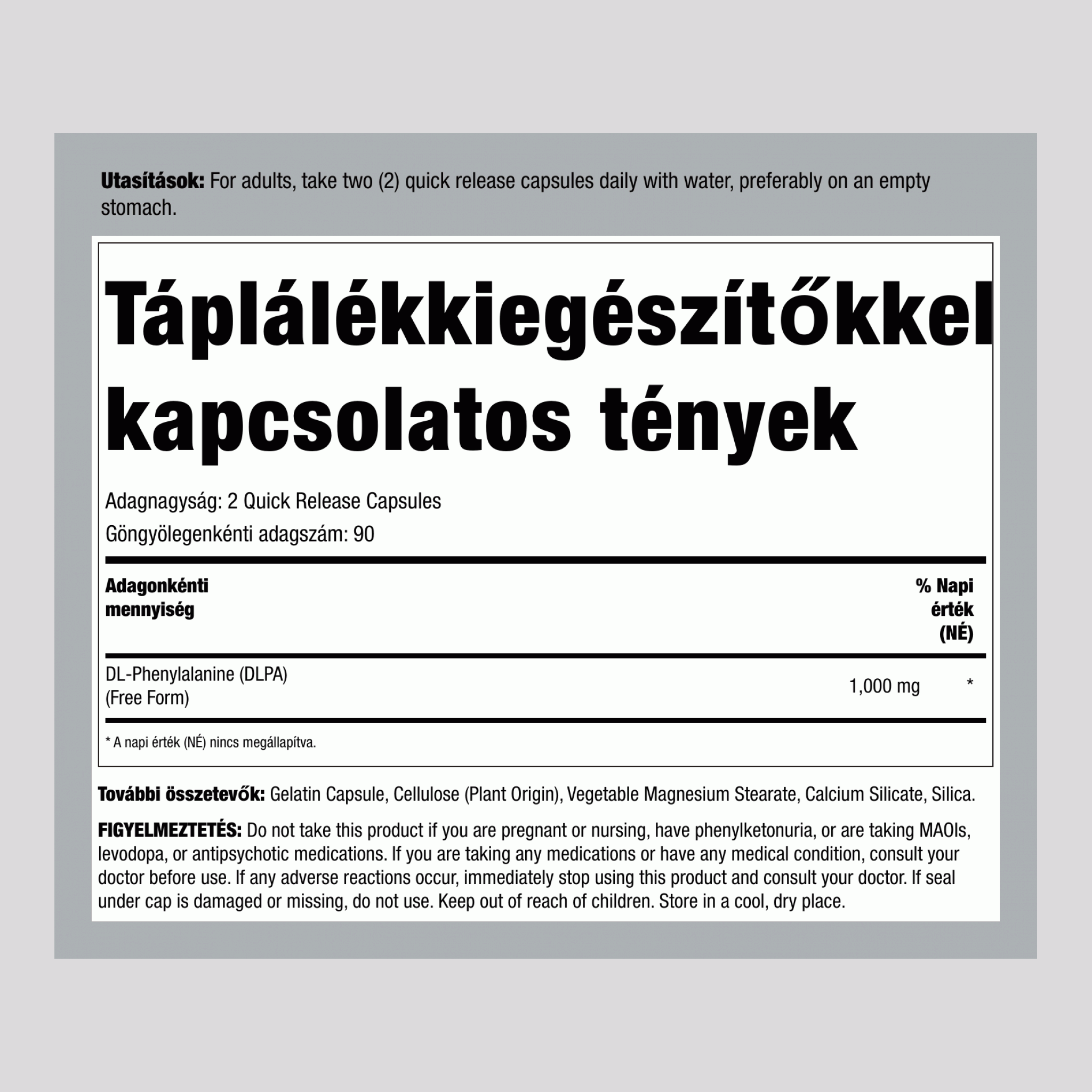 DL-Fenilalanin (DLPA), 1000 mg (adagonként), 180 gyors hatóanyag-kibocsátó kapszula
