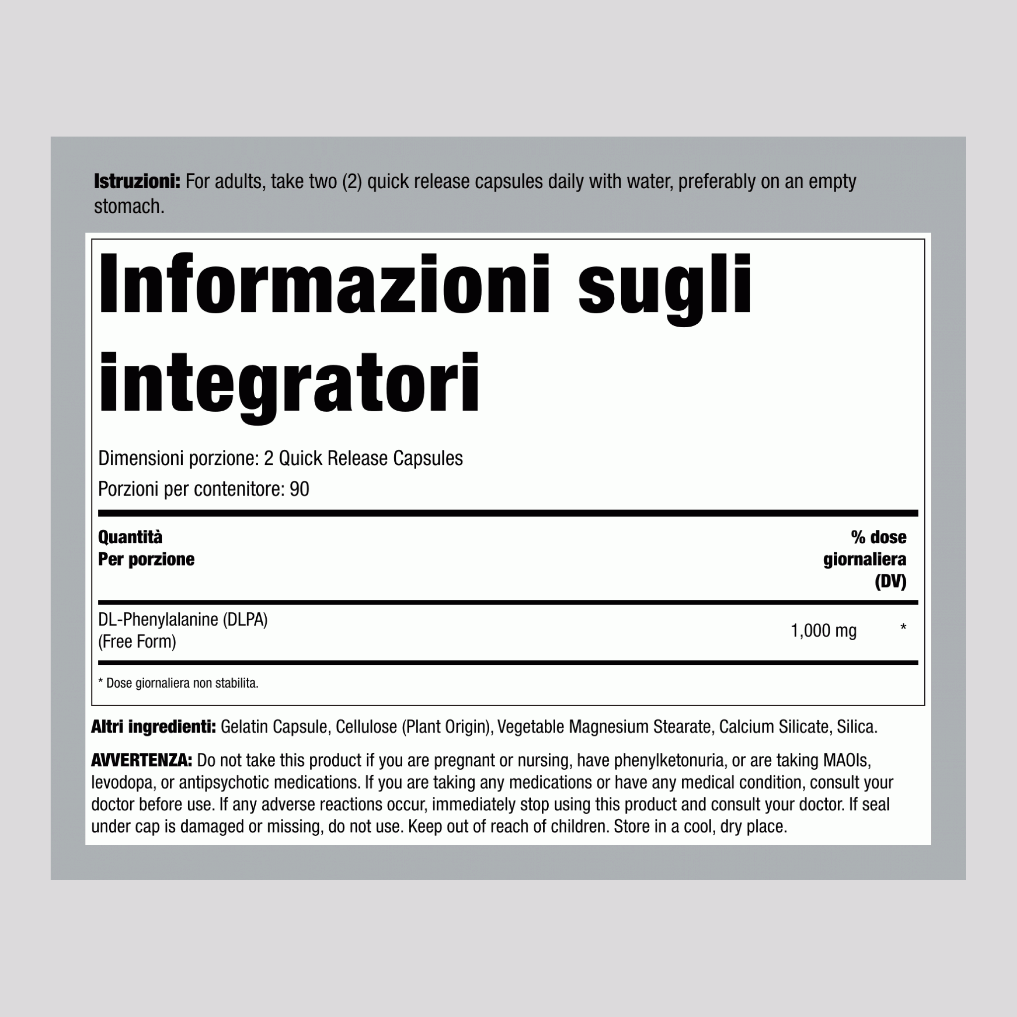 DL-Fenilalanina (DLPA), 1000 mg (per porzione), 180 Capsule a Rilascio Rapido
